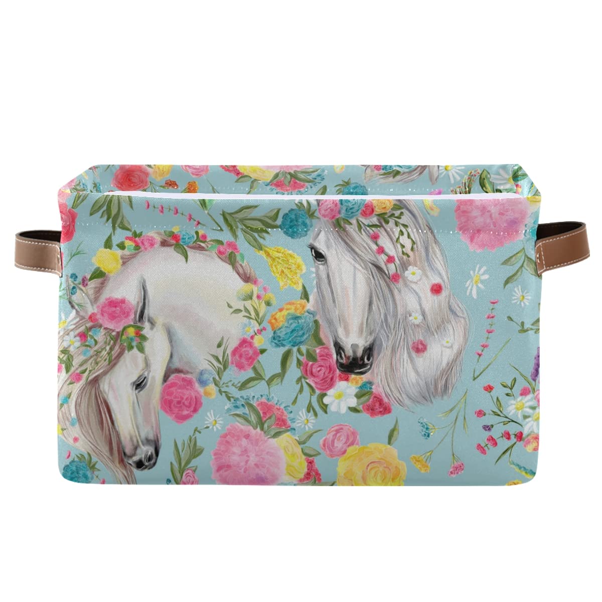 Square Canvas Storage Basket for Closet & Office - Horses & Flowers Design