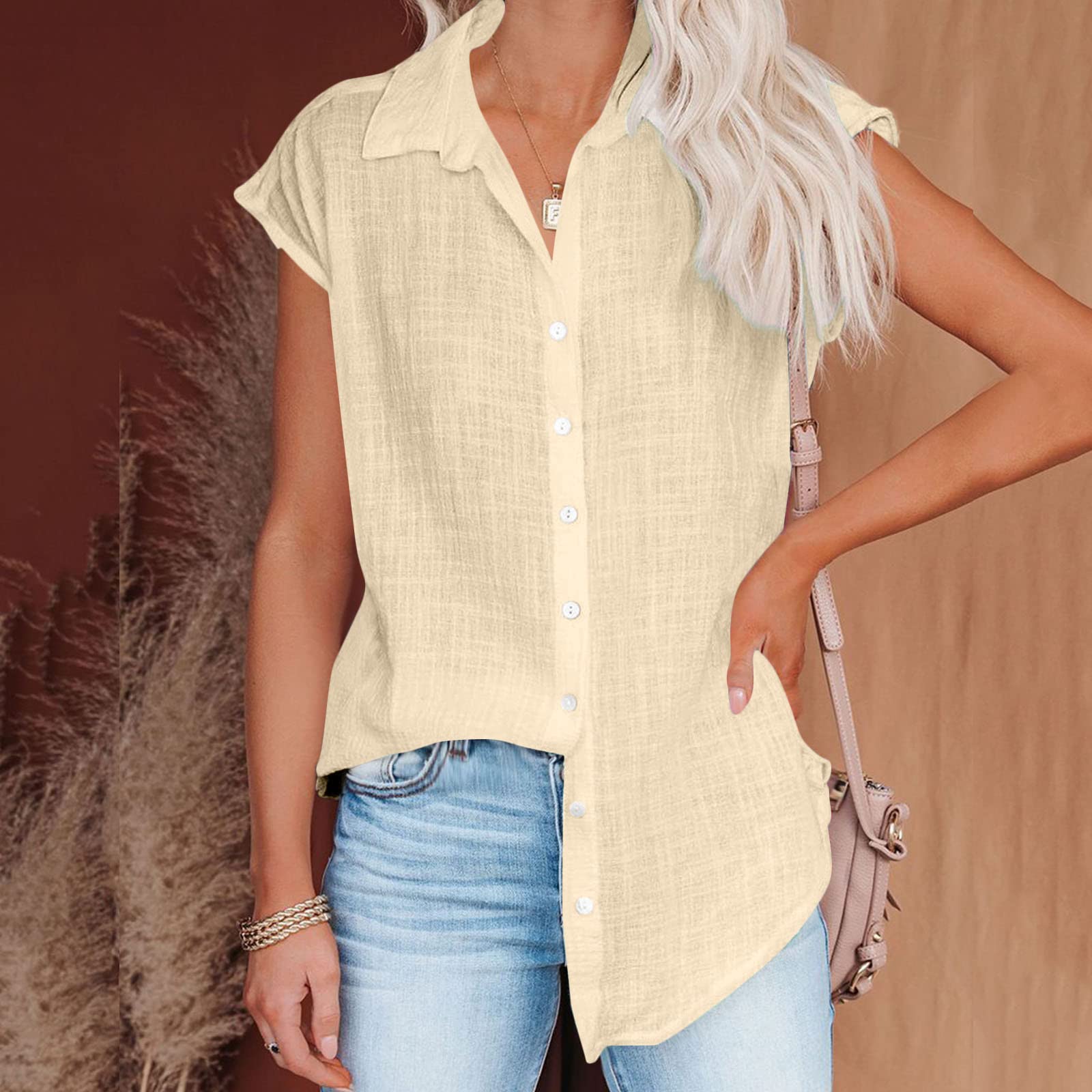 Trendy Women's Cotton Linen Short Sleeve Blouses - Loose Fit Casual & Dressy Tops for Summer 2024 | Perfect for Office Wear, Weekend Outings & Beach Vacations
