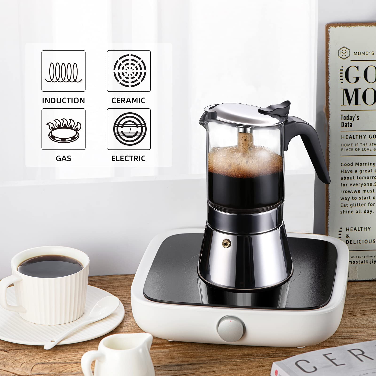 Moka Induction Stovetop Espresso Maker with Pressure Valve - 240ml Stainless Steel Italian Coffee Pot with Crystal Glass Top | Perfect for Home, Office & Camping Coffee Brewing