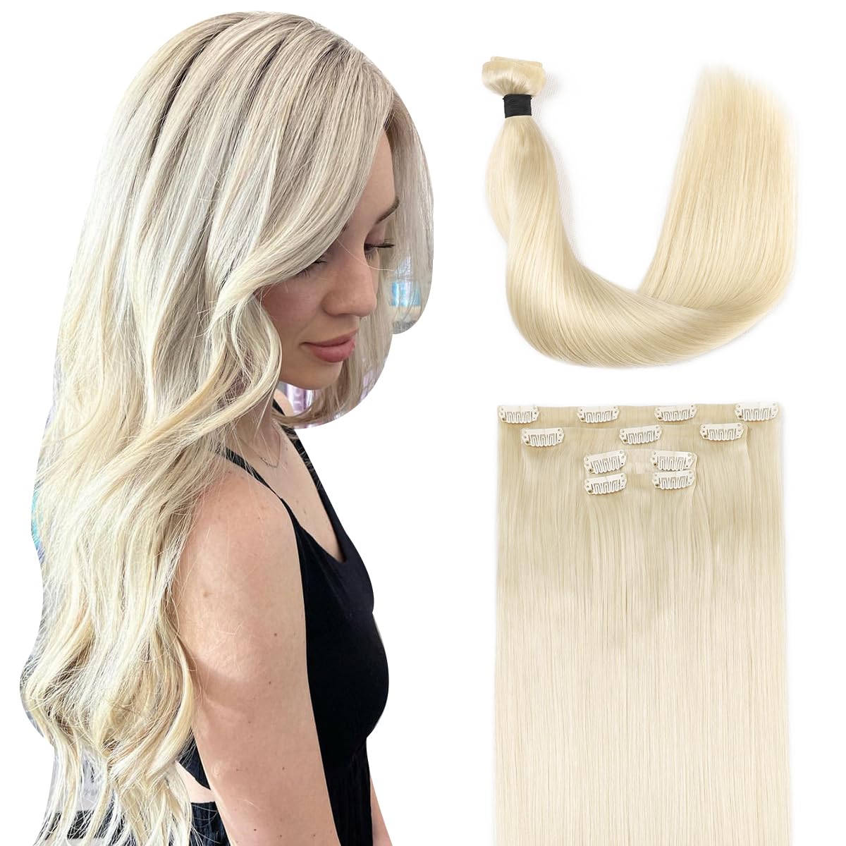 Silky Straight Clip-in Remy Human Hair Extensions for Women - 18 Inch Natural Black Hair Weft for Length & Volume - Perfect for Parties, Weddings & Daily Styling