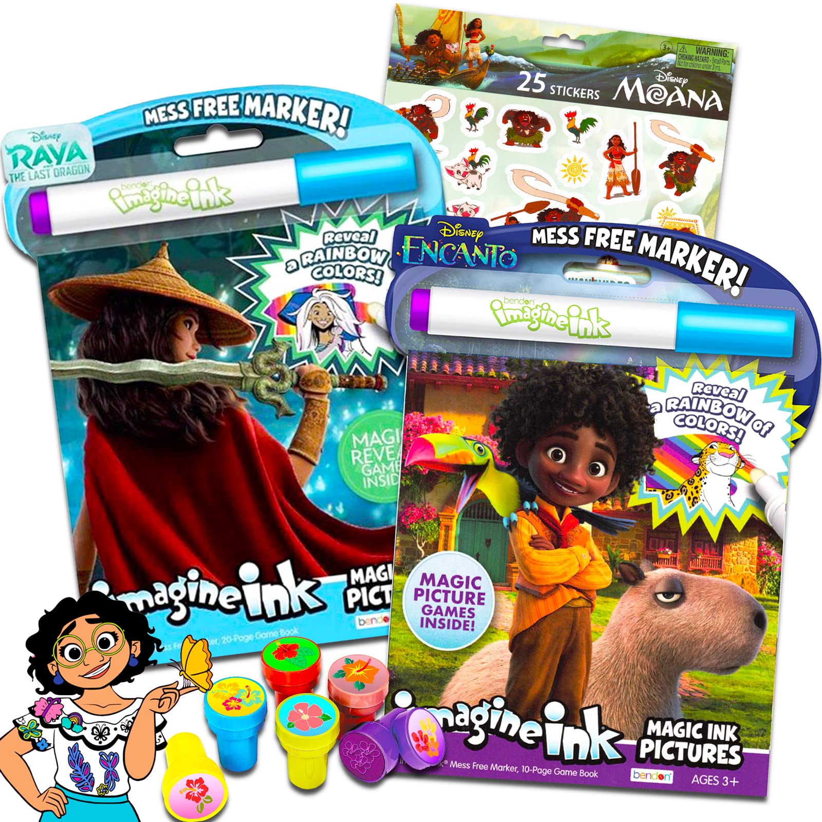 Disney Encanto & Raya and the Last Dragon Magic Ink Coloring Book Set for Kids - 2 Imagine Ink Books with Invisible Ink Pens, Moana Stickers & Stampers | Perfect for Travel, Birthday Gifts & Creative Playtime
