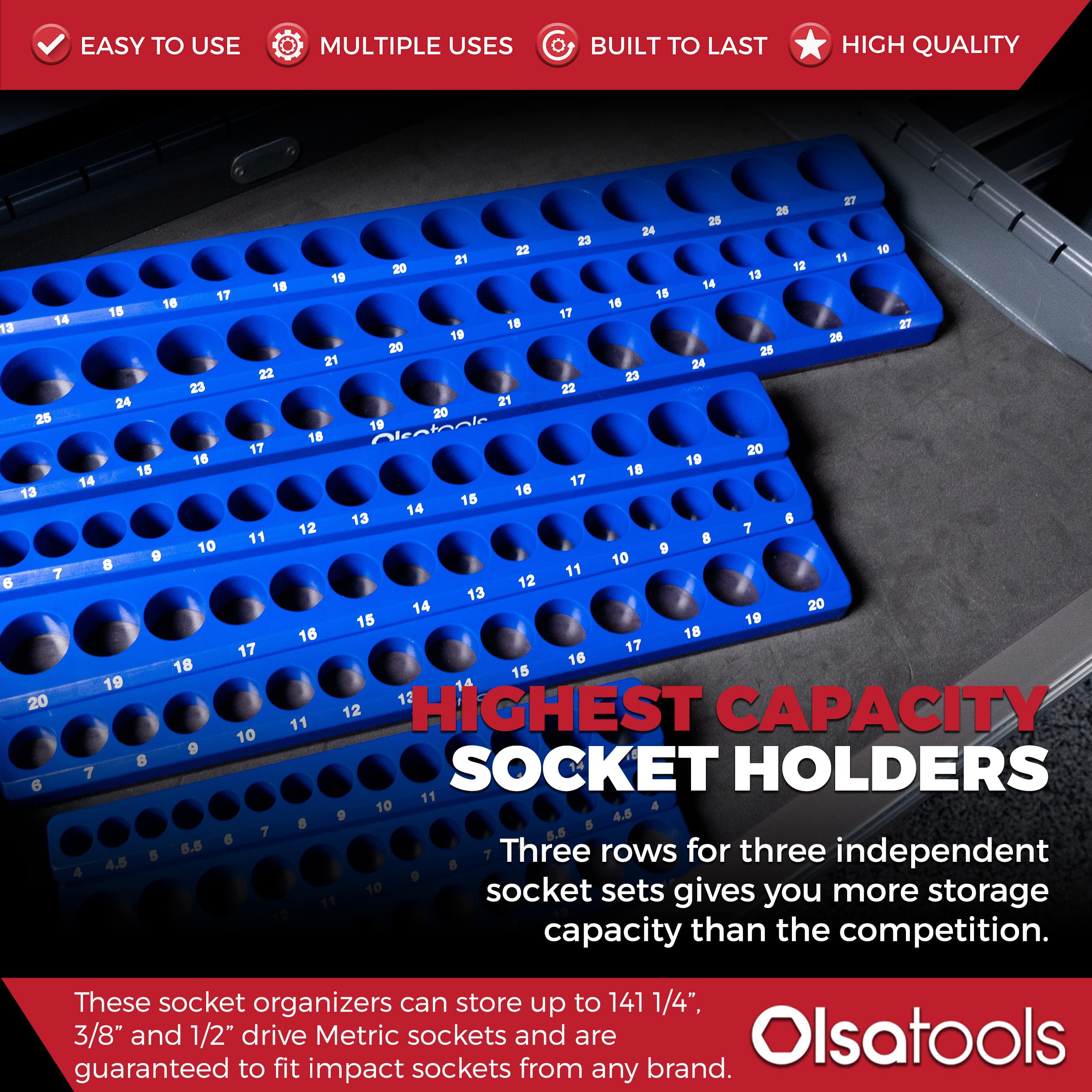 Olsa Tools 3-Row Magnetic Socket Organizer Set - 1/2