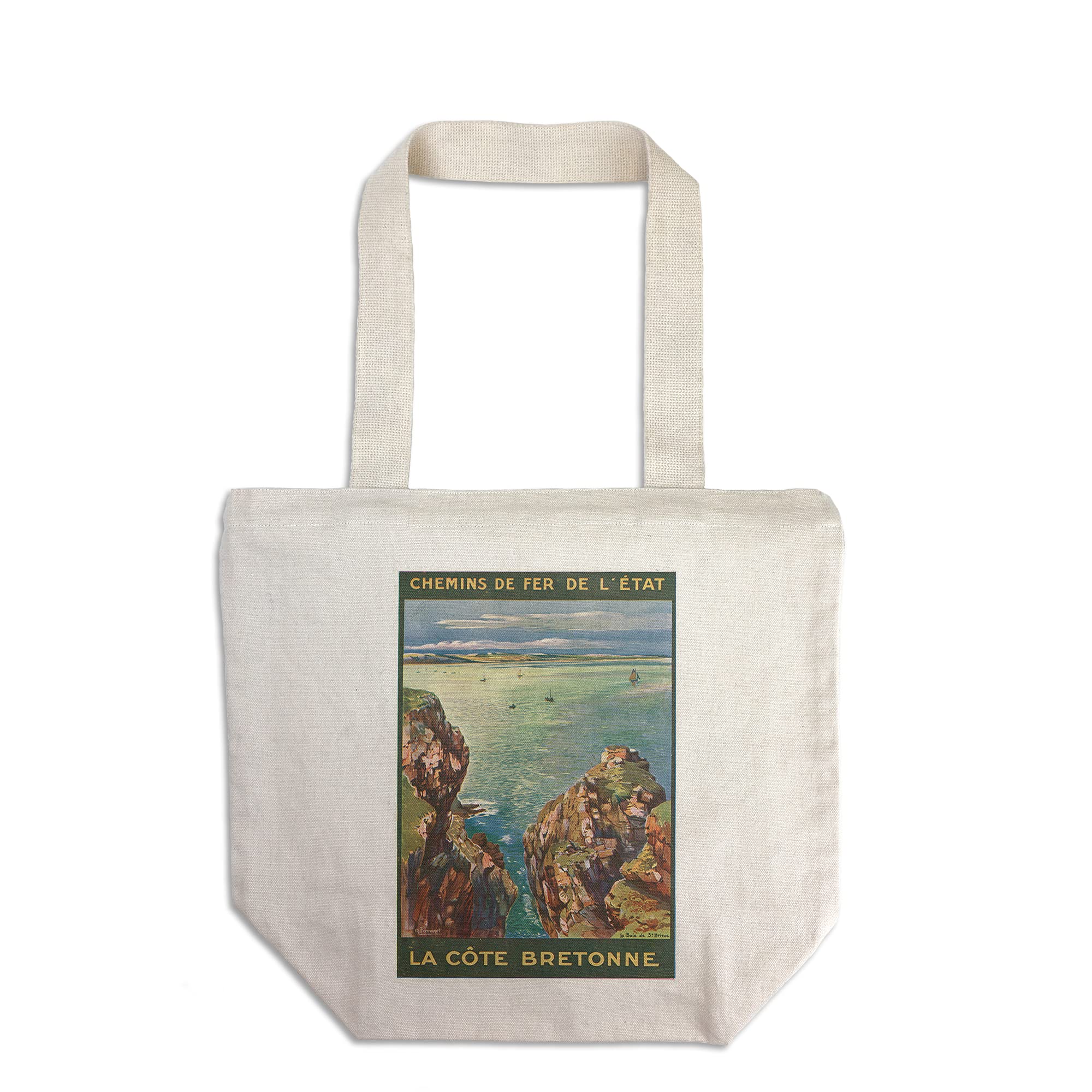 Vintage Brittany France Travel Poster Tote Bag - Rocky Coast Sea View & State Railways Design - 100% Cotton Canvas Reusable Shopping Bag for Groceries, Beach Trips & Daily Use