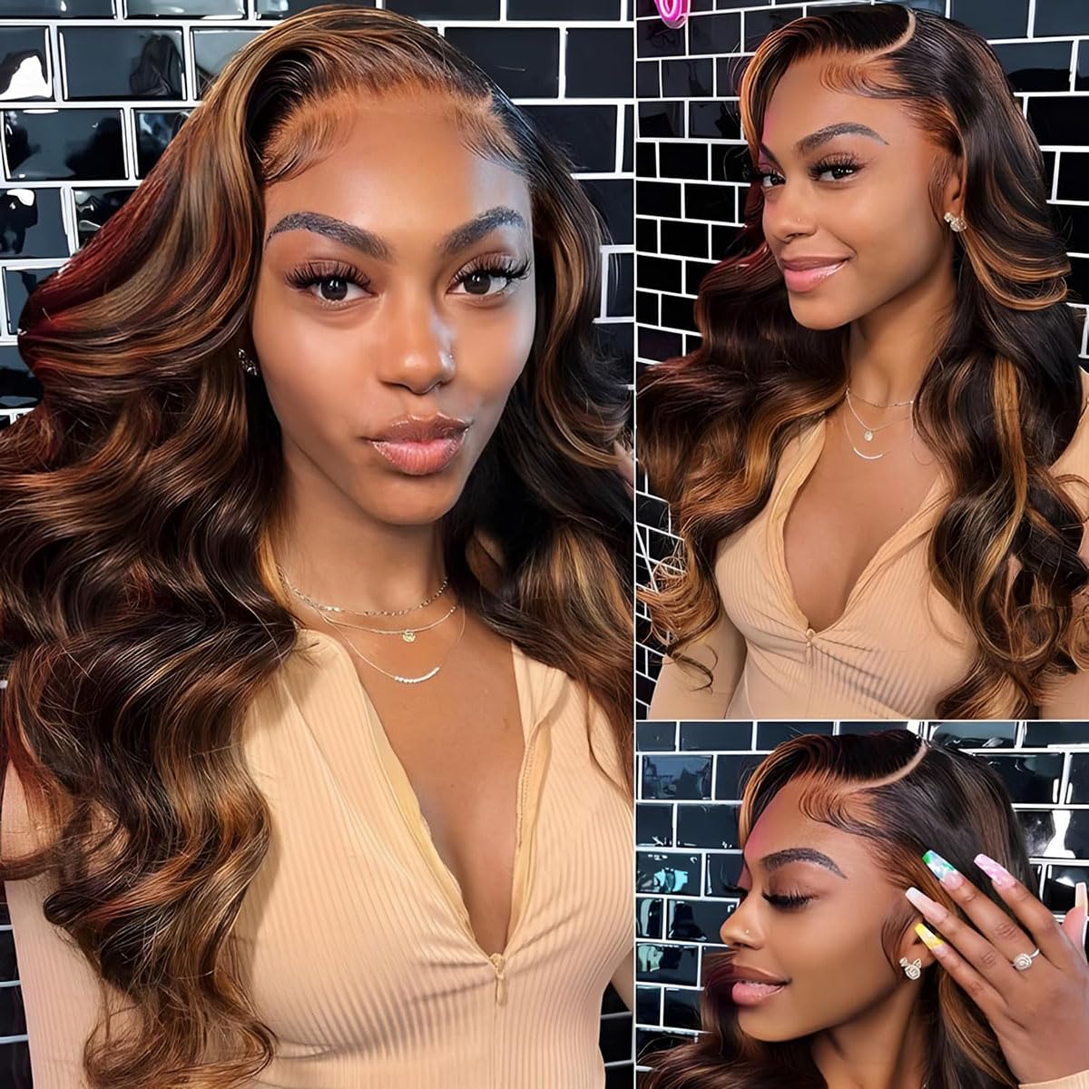 30 Inch 13x6 Highlight Body Wave Lace Front Wigs Human Hair - Pre Plucked 200% Density Ombre Frontal Wig with HD Lace & Bleached Knots - Glueless Balayage Wig for Black Women - Perfect for Daily Wear, Parties & Special Occasions