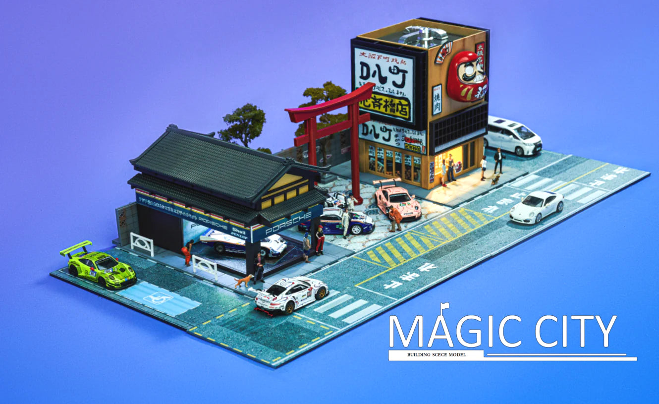 1:64 Scale Porsche Showroom & Yakiniku Restaurant Model - Miniature Collectible Toy Car Display with Japanese BBQ Scene - Perfect for Car Enthusiasts & Diorama Lovers