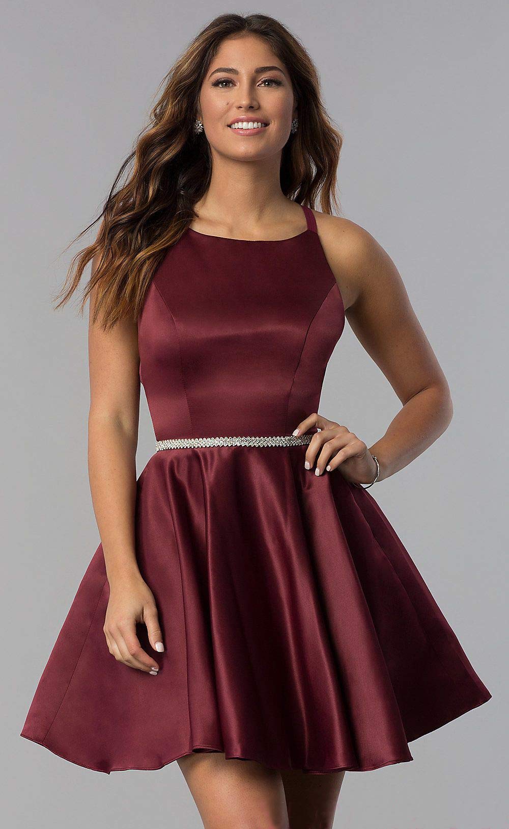POMUYOO Women's Elegant Scoop Neck Beaded Satin Prom Dress Short Homecoming Party Gown with Pockets - Perfect for Prom, Homecoming, Cocktail Parties & Special Occasions