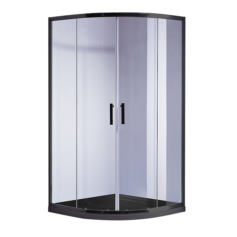 6mm Black Frameless Curved Shower Screen with Base - 100x100cm Rounded Sliding Glass Door for Bathroom & Wet Room Installation