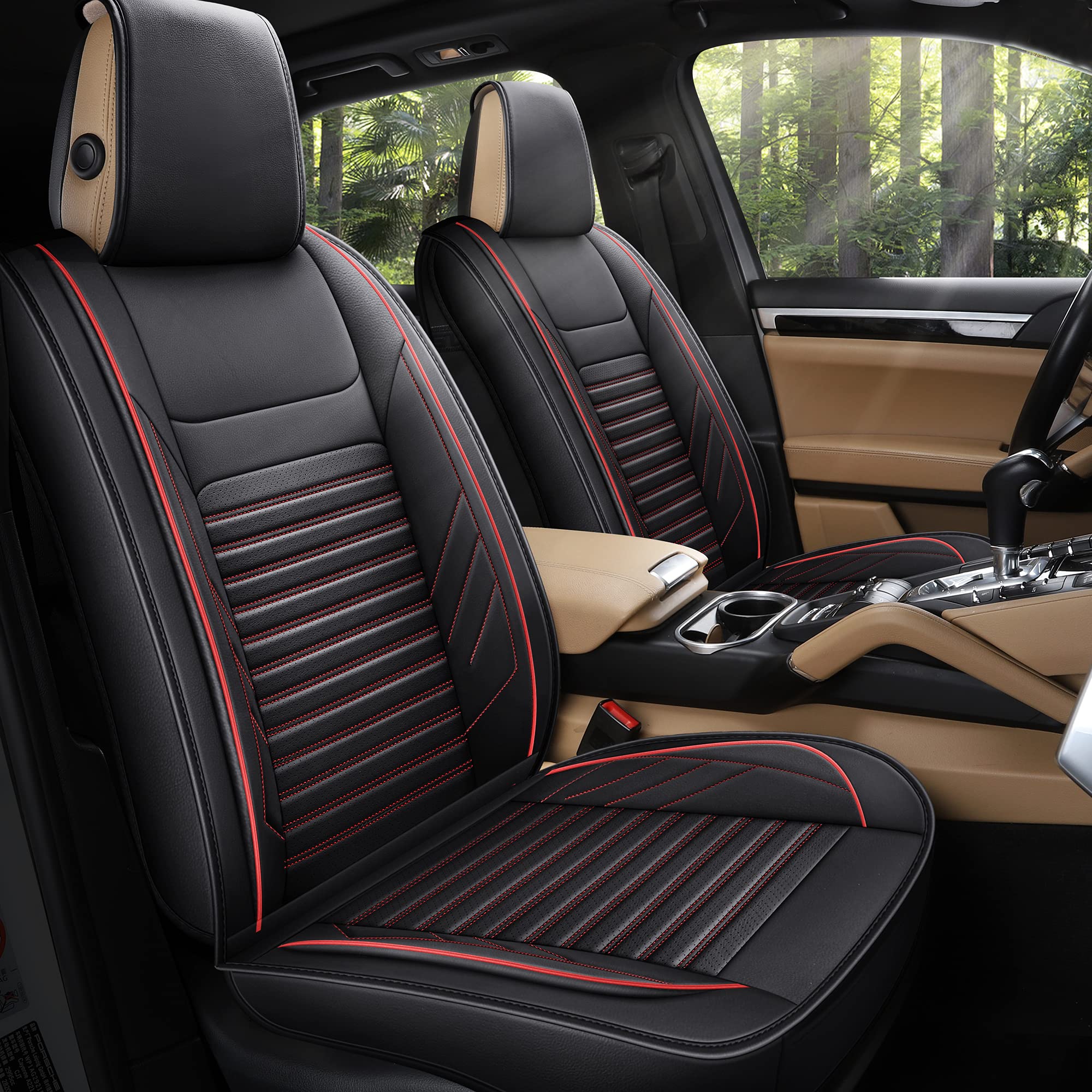 Premium AOOG Leather Car Seat Covers - Universal Fit Leatherette Automotive Seat Protectors for Cars, SUVs & Trucks - Non-Slip Vehicle Interior Accessories (Front Pair, Black & Red) - Perfect for Daily Commuting, Road Trips & Protecting Your Car Seats