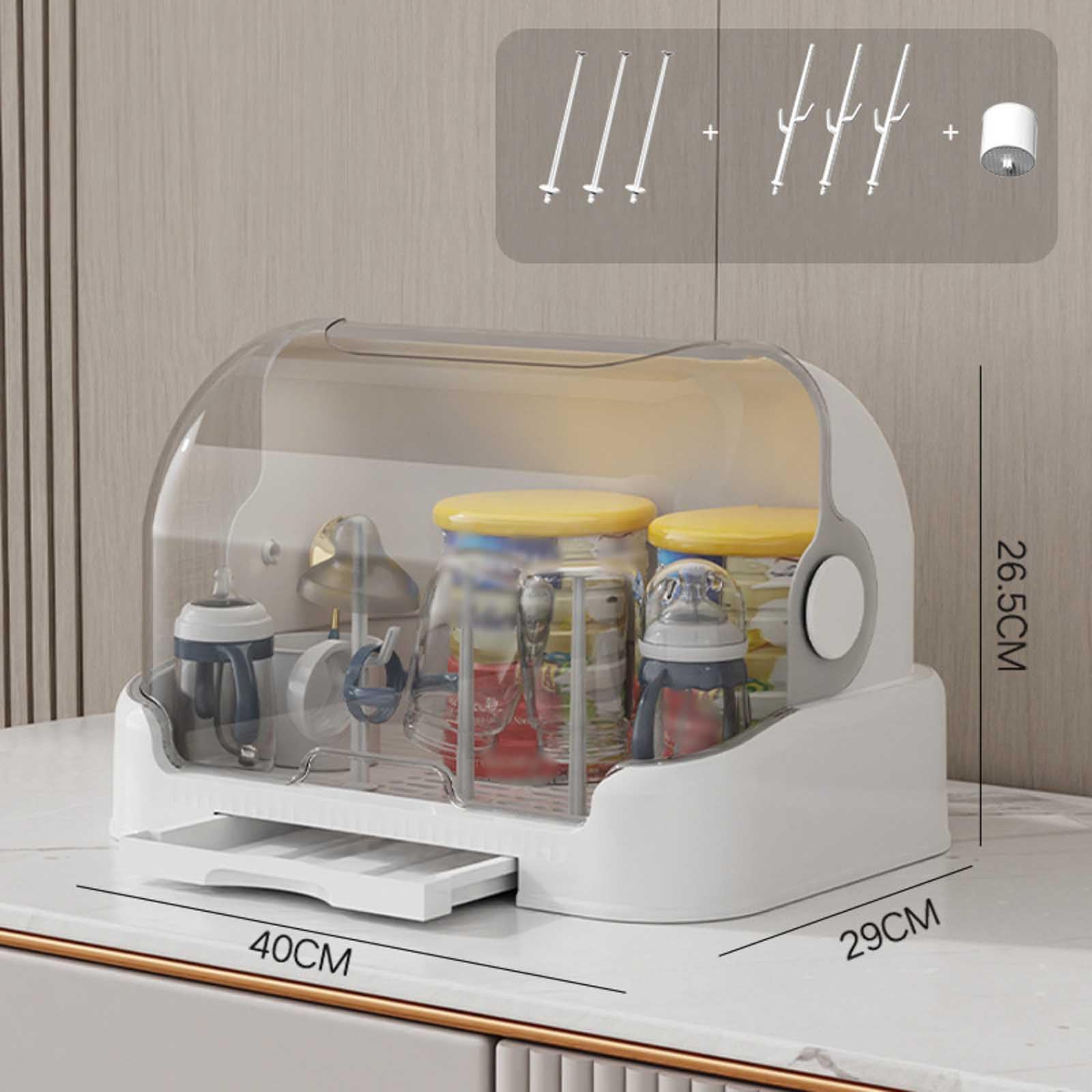Baby Bottle Drying Rack with Lid & Removable Drain Tray - Dustproof Bottle Organizer for Kitchen, Plates, Cups & Cutlery - Perfect for Nursery, Daycare & Home Use