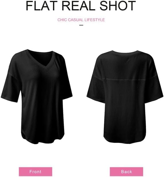 SHEWIN Women's Casual Waffle Knit T-Shirt - Short Sleeve V-Neck Summer Top for Women | Comfortable Everyday Wear, Outfits, and Layering
