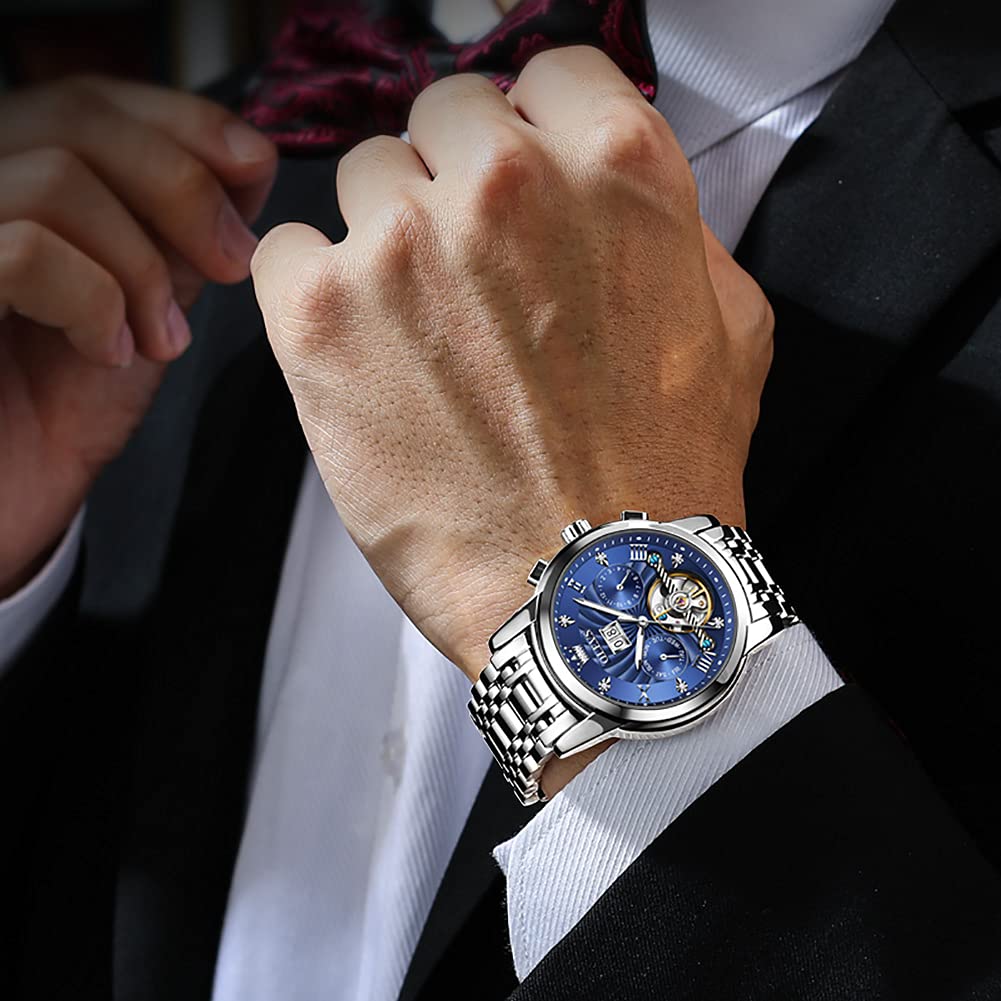 OLEVS Men's Automatic Skeleton Watch - Self Winding Mechanical Watch with Luminous Hands, Waterproof, Diamond Accents, Day/Date Display - Perfect for Business, Dress & Formal Occasions