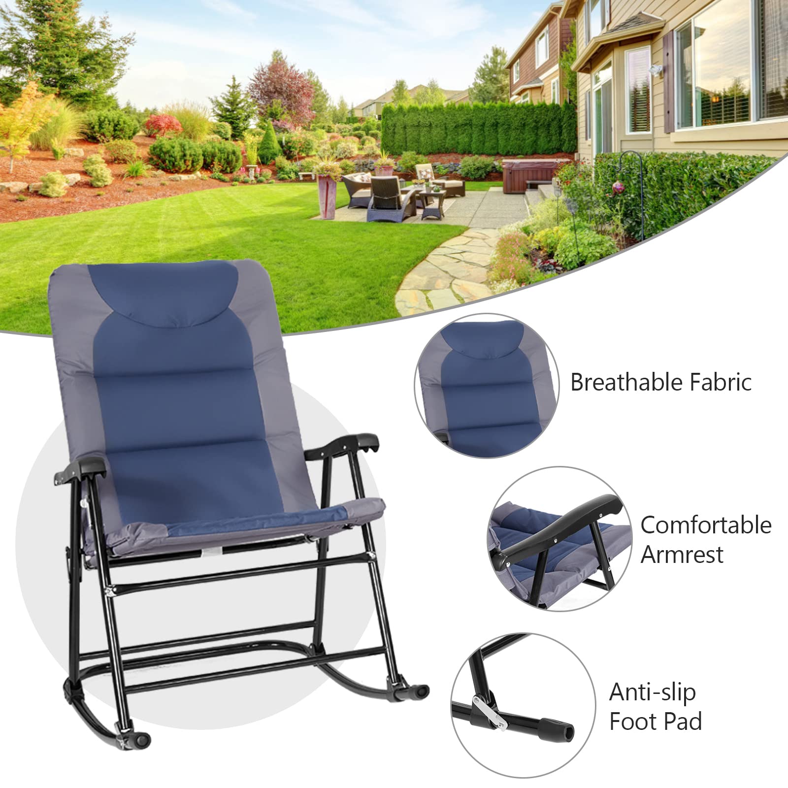 Tangkula 3-Piece Folding Bistro Set - Outdoor Rocking Chairs with Round Glass Top Table, Patio Furniture for Backyard, Garden, Poolside & Porch (Blue) | Perfect for Relaxing, Entertaining & Small Space Living