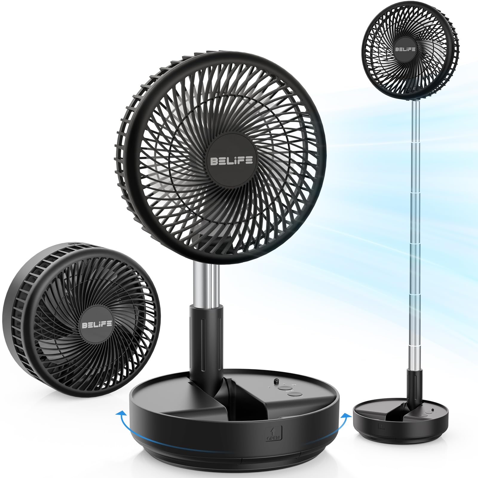 Belife X8 Portable Fan - 7200mAh Rechargeable Battery, USB-Powered Oscillating Desk/Floor Fan with Remote Control, Foldable & Telescopic Design for Home, Office, Camping & Travel - 7.7 Inch Black | Perfect for Sleeping, Bedroom Cooling & Outdoor Activities