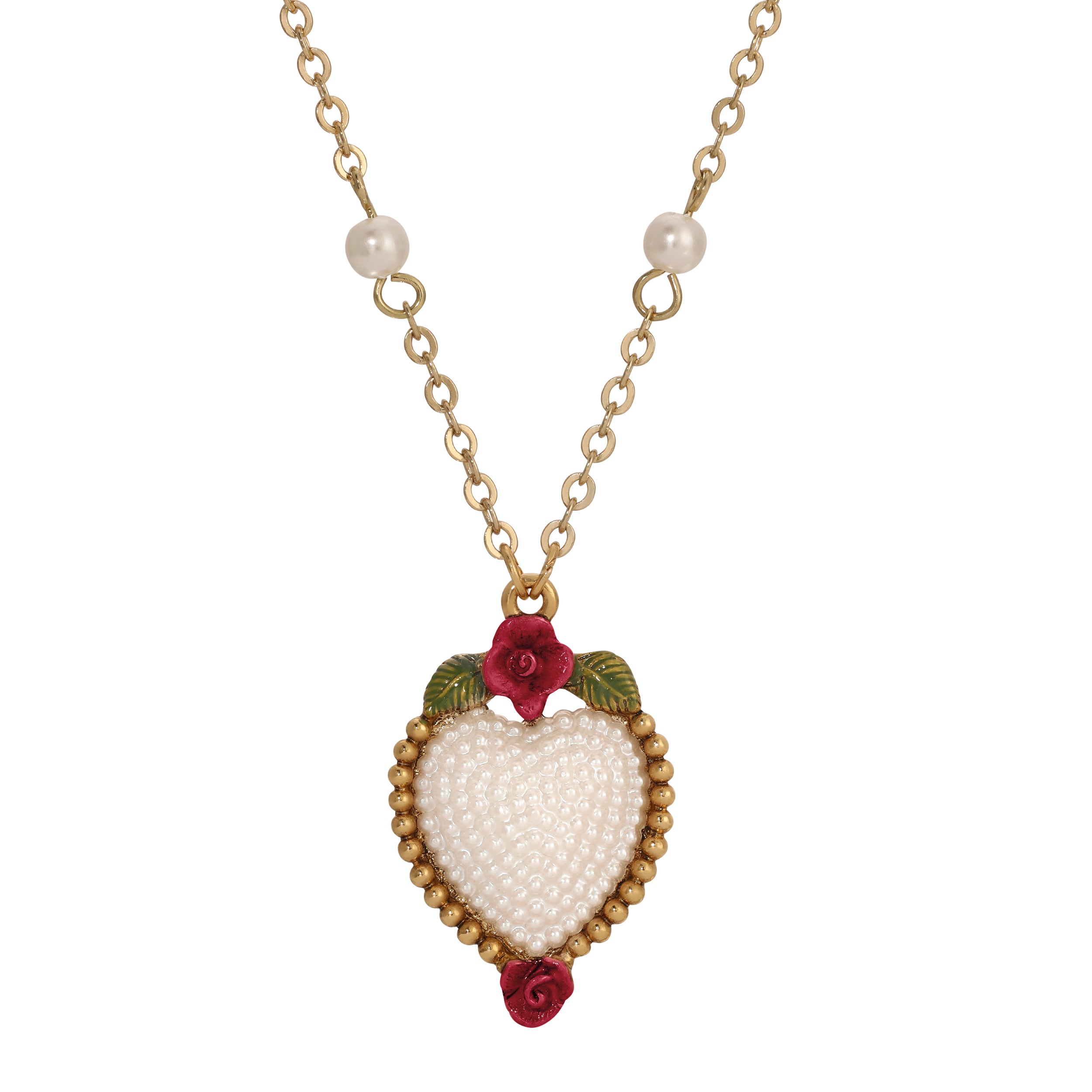 1928 Jewelry Pearly Eden Rose Enamel Faux Pearl Heart Pendant Necklace - 16