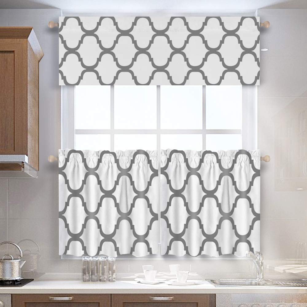 Melodieux Set of 2 Moroccan Style Tier Curtains - Geometric Lattice Design, Rod Pocket for Kitchen, Cafe & Bathroom - 24 Inch Length, Off White/Grey - Perfect for Small Windows, Home Decor & Boho Chic Interiors