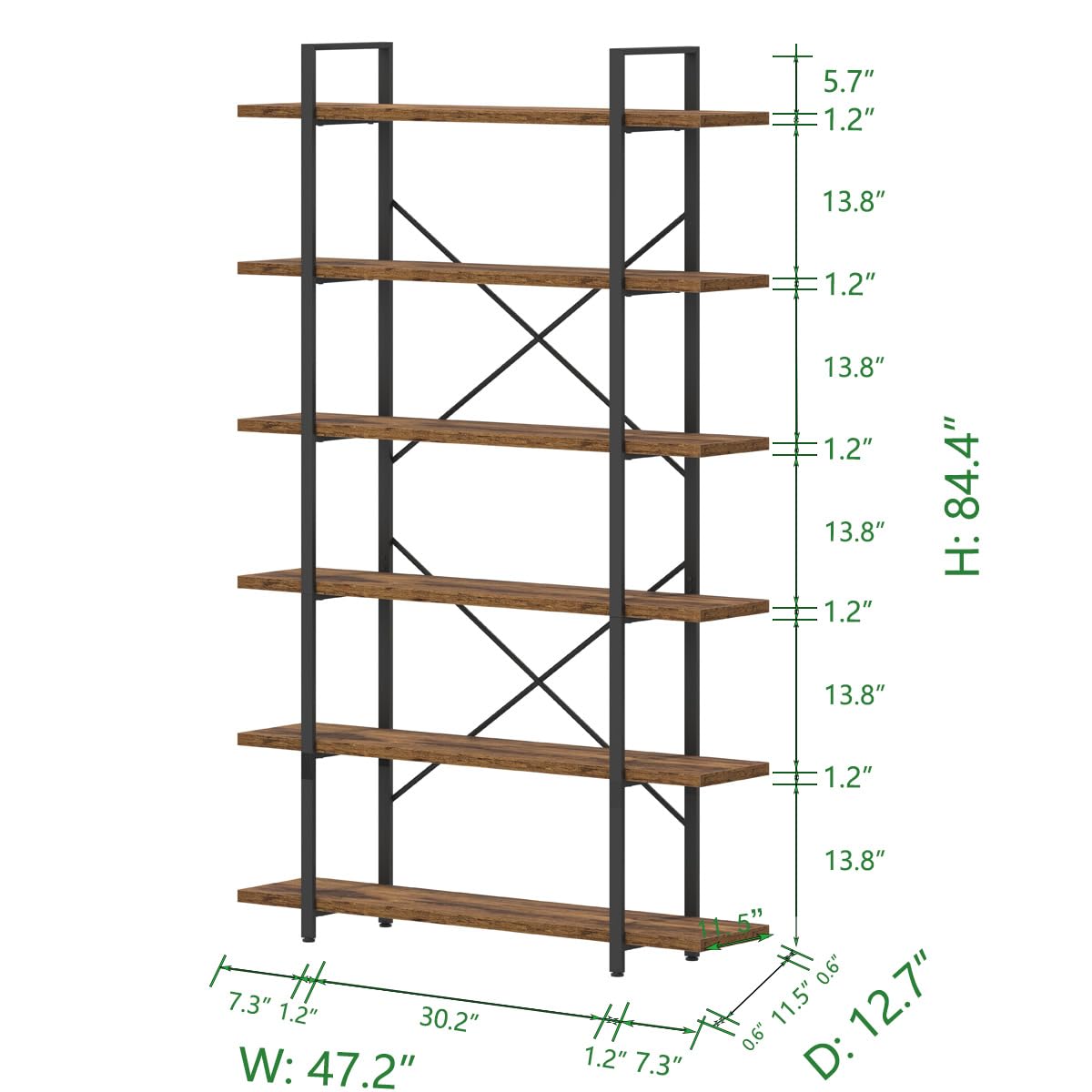 HSH 6-Shelf Tall Bookcase - Industrial Modern Large 6-Tier Bookshelf with Wood & Metal Frame - Open Display & Storage Rack for Living Room, Bedroom, Office - Farmhouse & Rustic Brown Style - Perfect for Home Decor, Book Storage & Displaying Collectibles