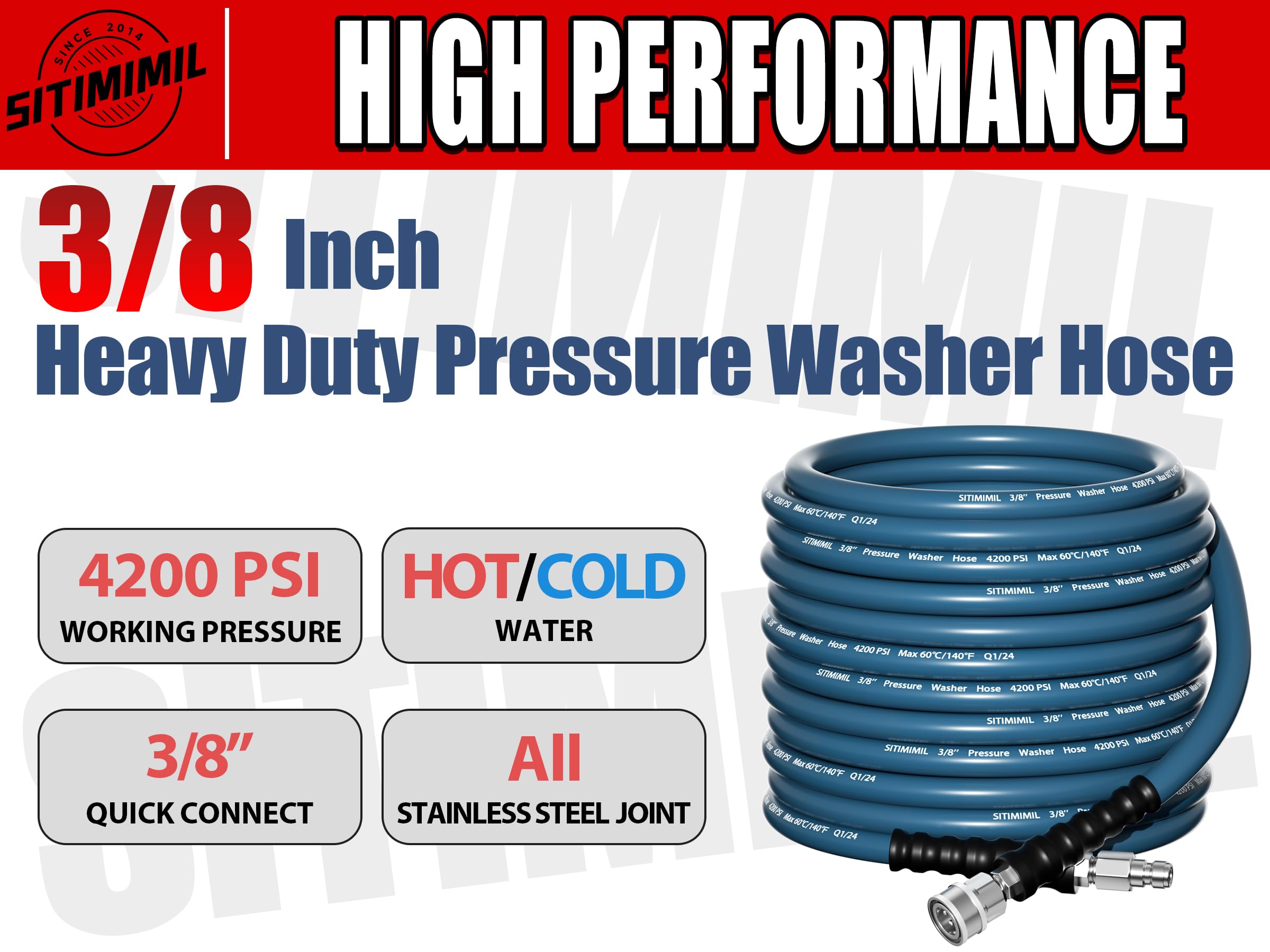 3/8'' 50FT High Pressure Washer Hose - Kink & Wear Resistant Steel Wire Braided with 4200 PSI Rating | Includes 3/8