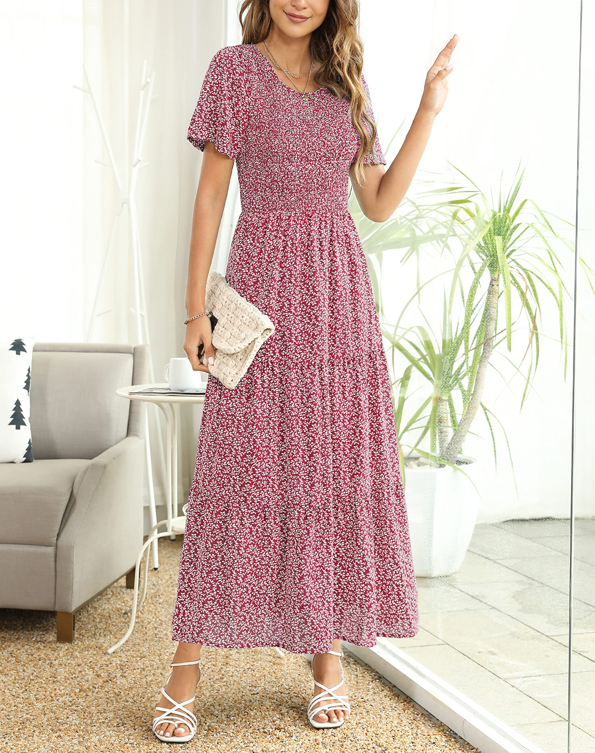Maggeer Women's 2025 Spring Summer Smocked Wedding Guest Maxi Dress - Casual Short Sleeve Floral Boho Flowy Long Dress for Beach Parties, Garden Weddings & Vacation Getaways