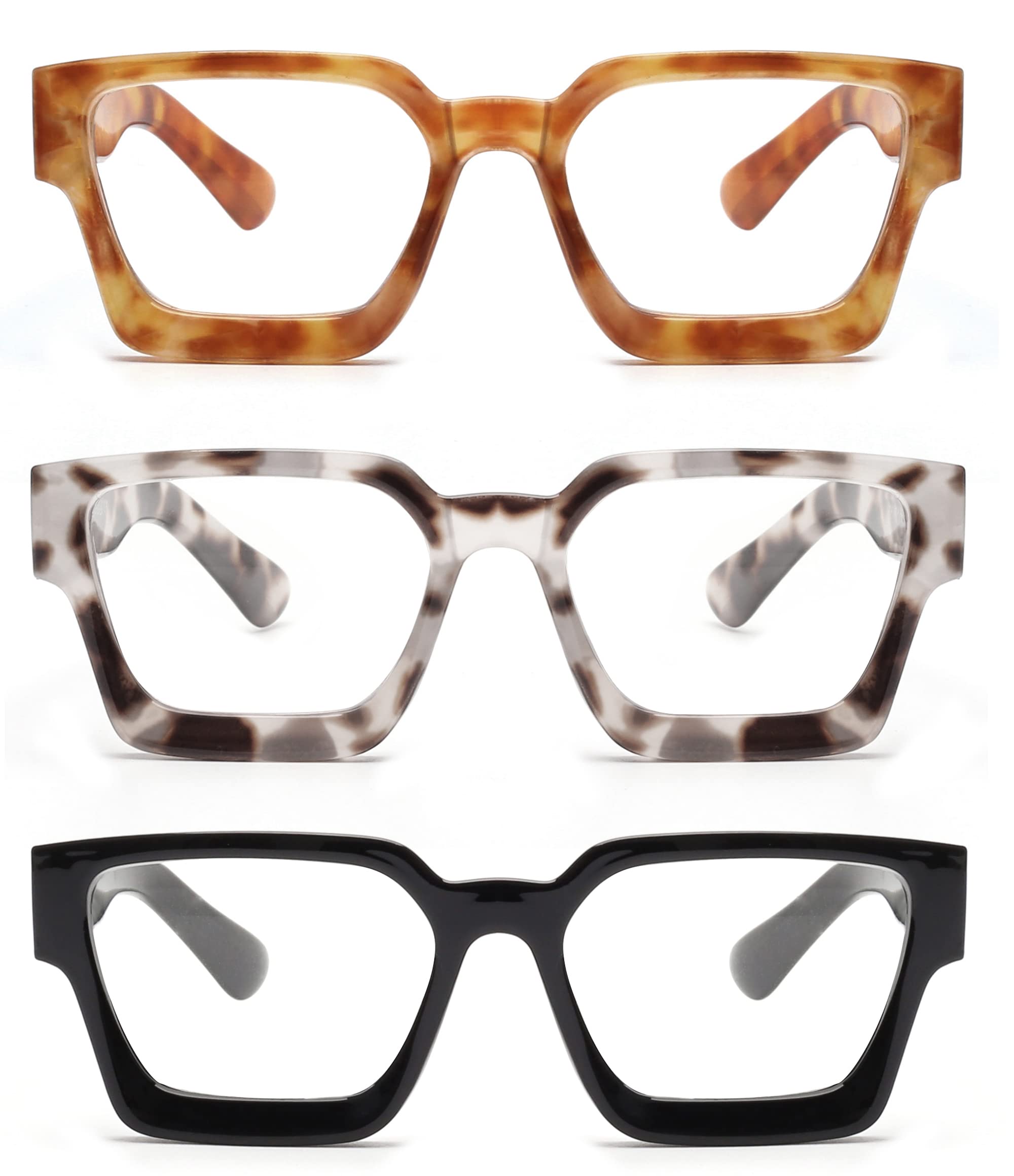 JM 3 Pack Square Blue Light Blocking Reading Glasses - Anti-Eye Strain Computer Glasses for Women & Men - Perfect for Office Work, Gaming, and Screen Time
