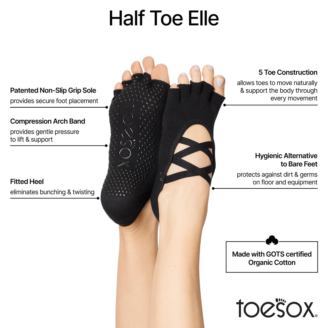 Toesox Women's Elle Half Toe Grip Socks - Non-Slip Yoga & Pilates Socks with Silicone Grips for Women, Barre Workout Socks - Perfect for Yoga, Pilates, Barre Classes and Home Workouts