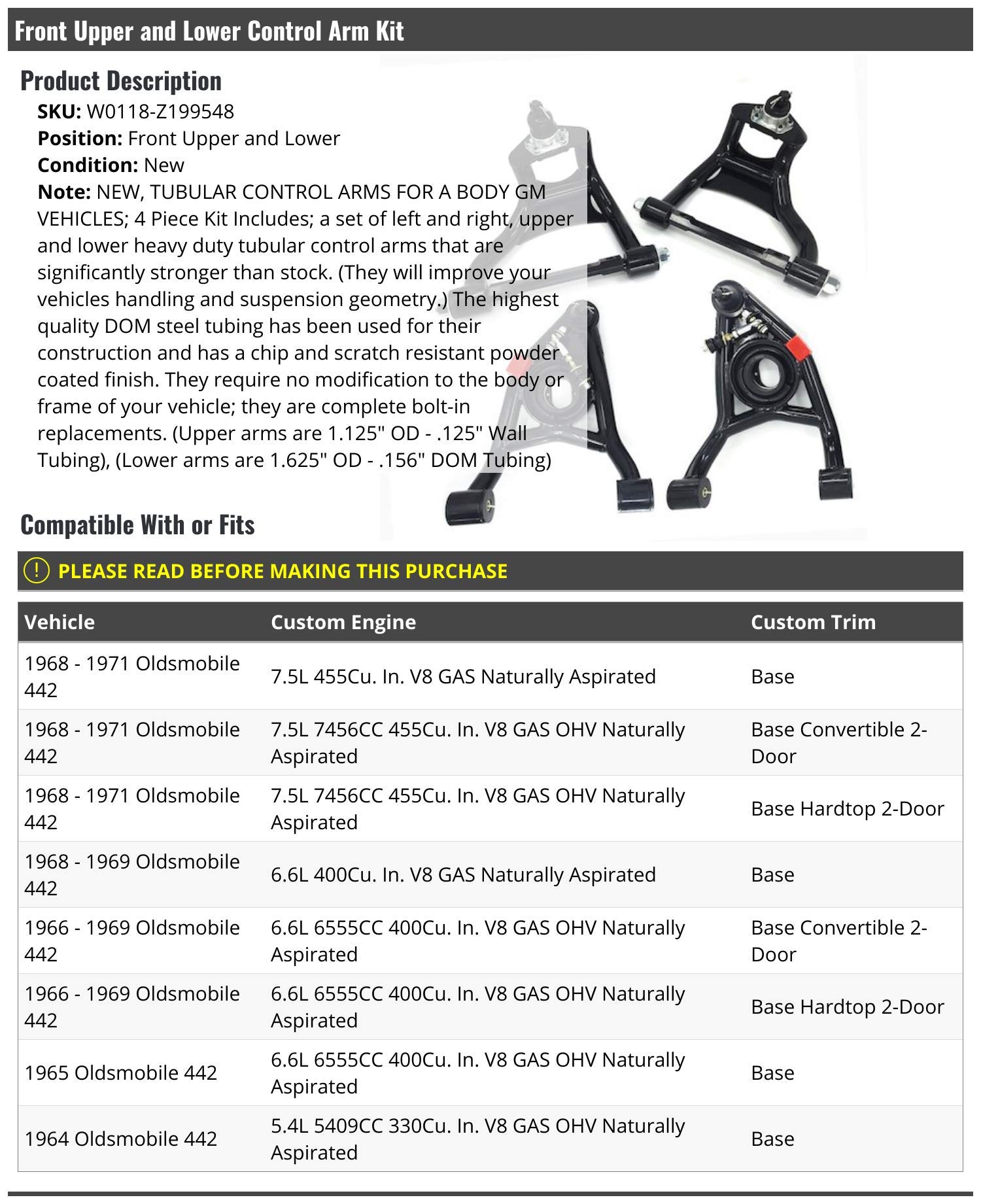 1964-1971 Oldsmobile 442 Front Upper & Lower Control Arm Kit - Heavy Duty Tubular Suspension Upgrade (4-Piece Set) - Perfect for Classic Car Restoration & Performance Enhancement