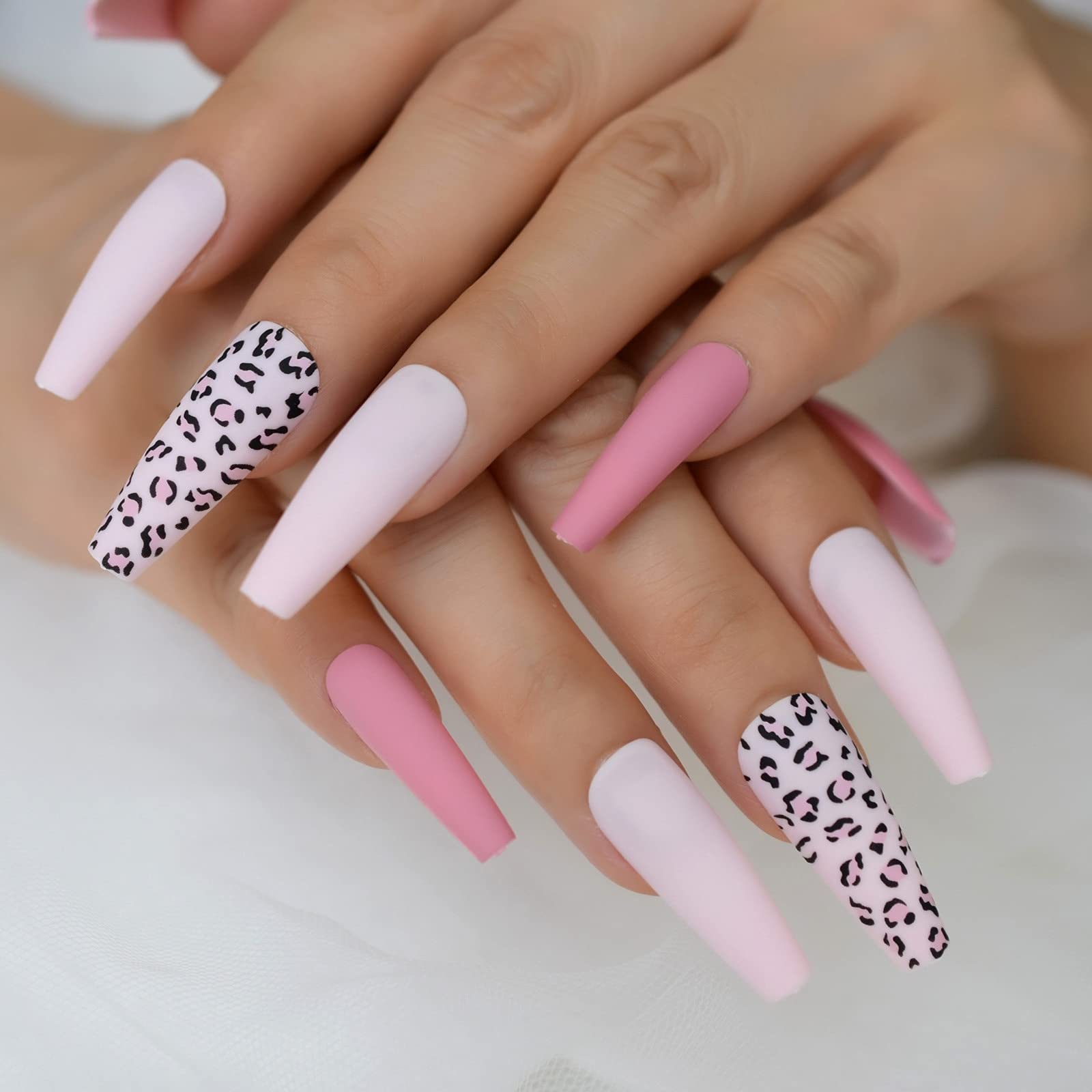 Coolnail Matte Pink Leopard Print Press On Nails - Extra Long Coffin Ballet Fake Nails for Women | Full Cover Artificial Nails for Parties, Weddings & Special Occasions
