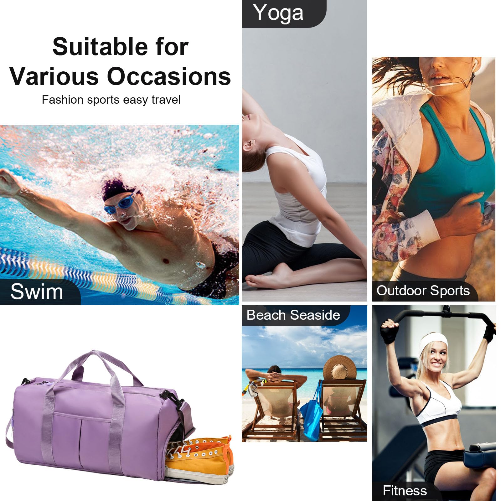 ZGWJ Waterproof Gym Bag with Wet Pocket & Shoe Compartment - Lightweight Sports Duffel Bag for Men & Women - Perfect for Swimming, Travel, Workout & Weekend Trips - Easy Carry Purple Backpack