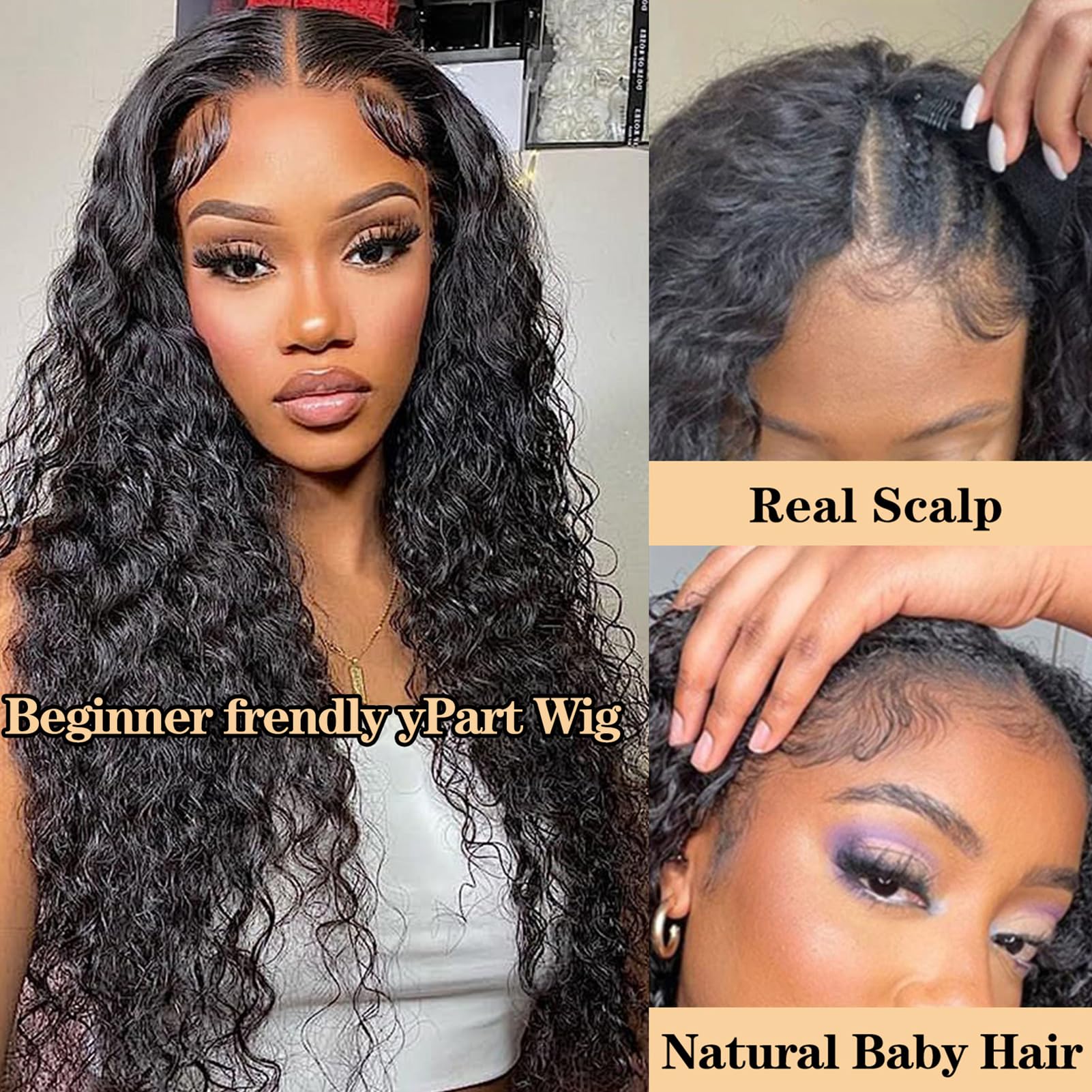 V Part Human Hair Wig - Water Wave Thin Part Glueless Clip In Half Wigs 180% Density Curly V Shape Clip in Half Wig for Beginners | Brazilian Virgin Human Hair Wigs (18 Inch) | Perfect for Daily Wear, Cosplay, Parties & Special Occasions