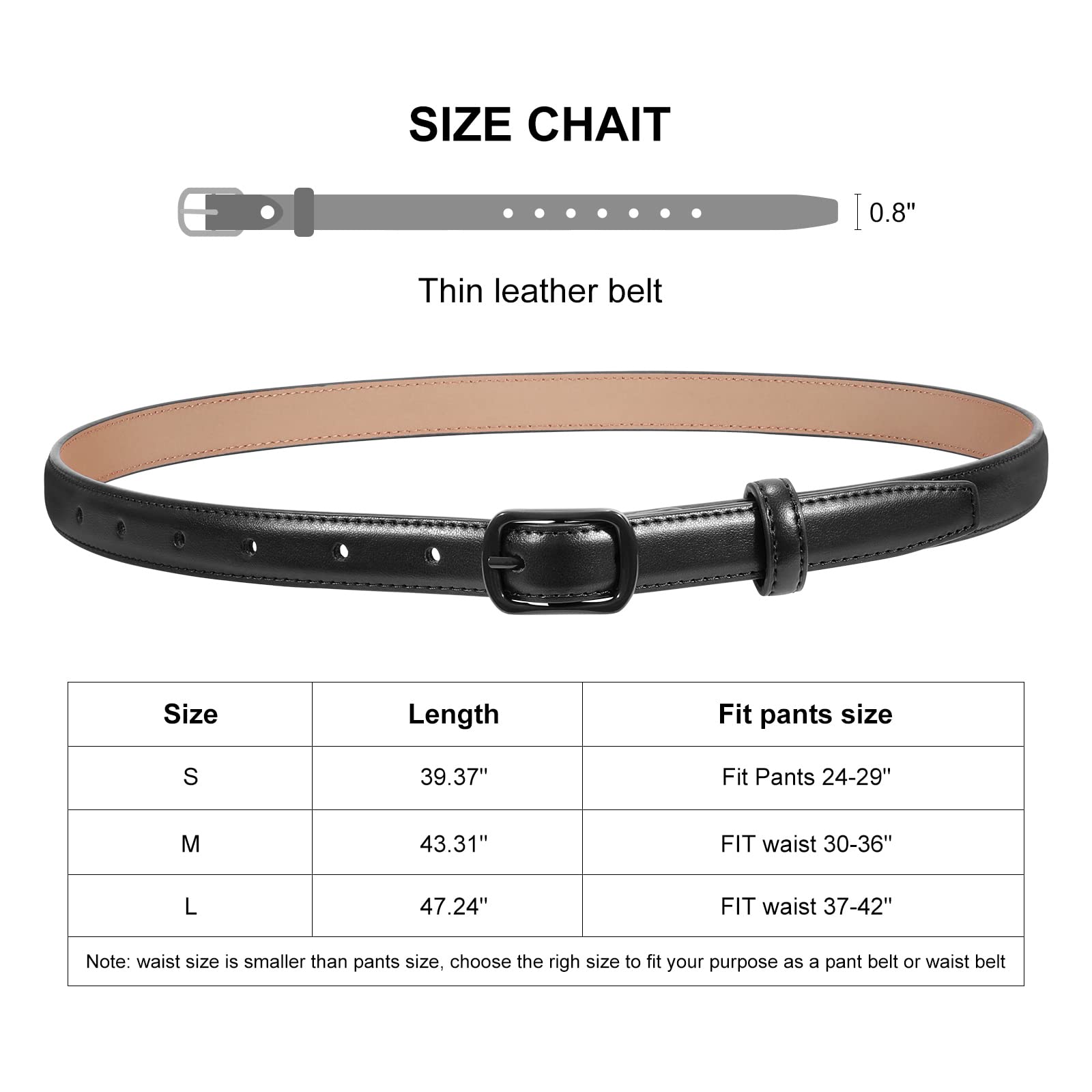 JASGOOL Women's Skinny Belt - Thin Leather Waist Belt for Jeans with Black Metal Buckle - Perfect for Casual Outfits, Office Wear & Everyday Fashion