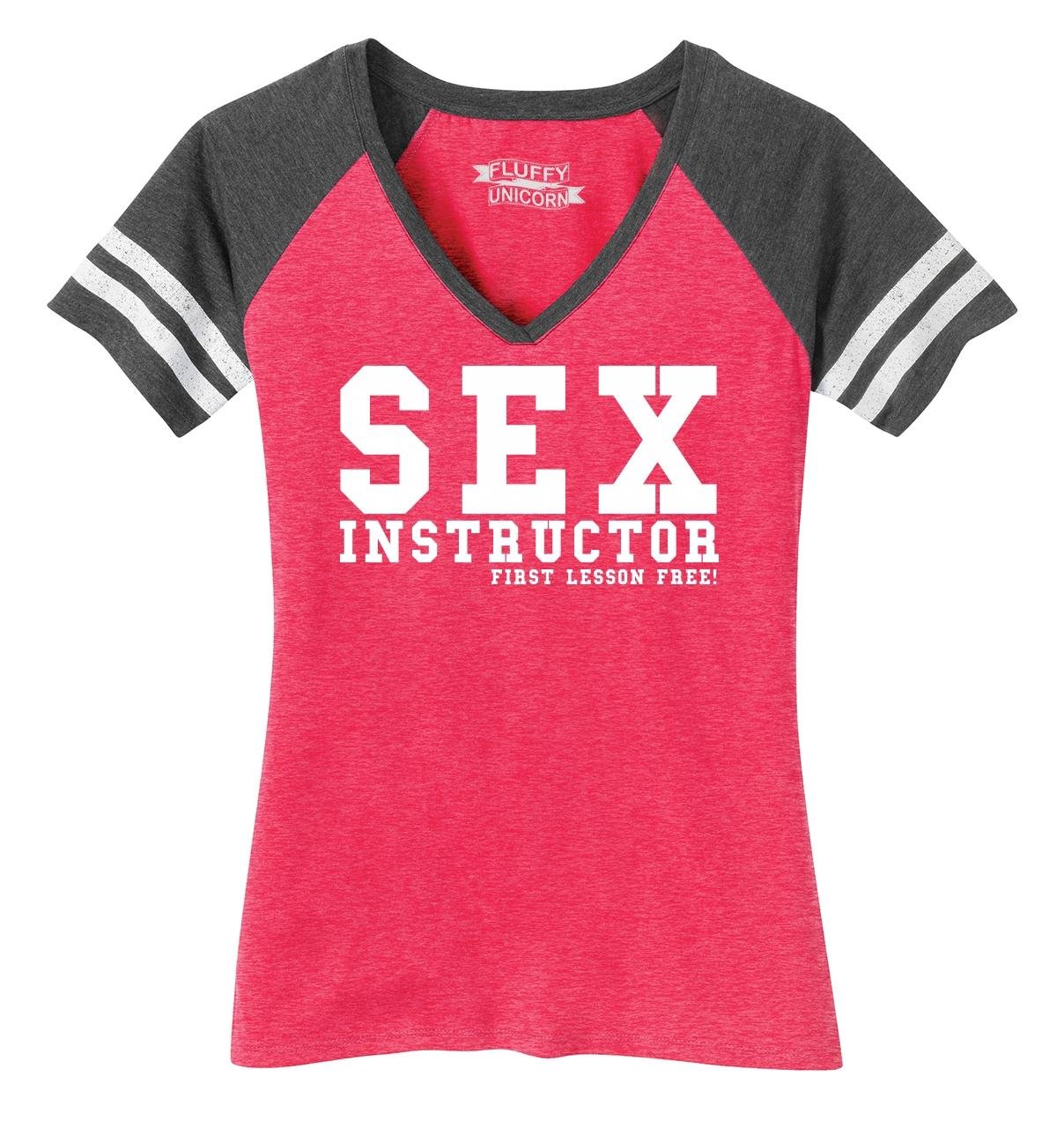 Funny Women's Sex Instructor First Lesson Free V-Neck T-Shirt - Perfect for Bachelorette Parties, Girls Night Out & Comedy Gifts