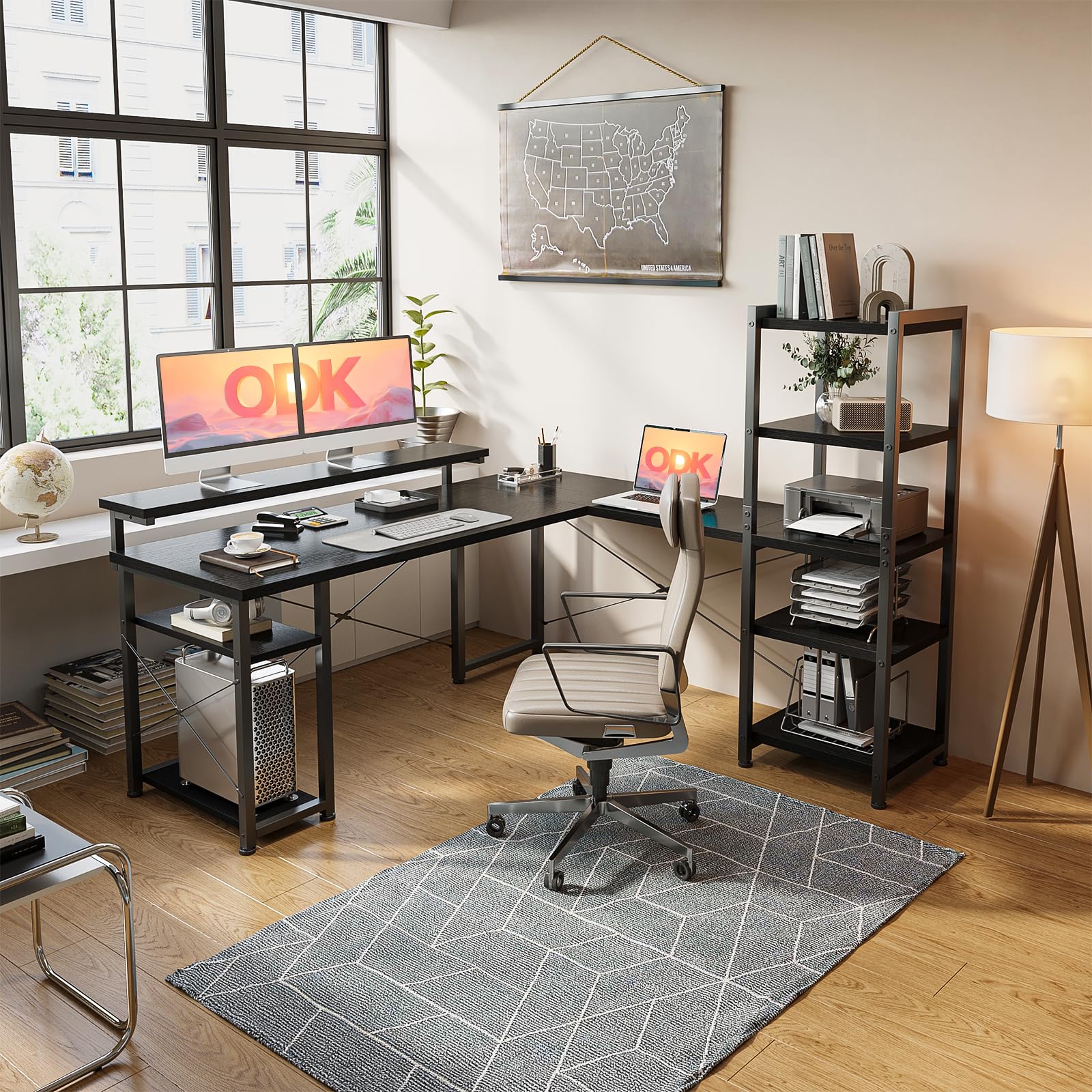 ODK L-Shaped Computer Desk with Monitor Stand, Black 155×140cm - Perfect for Home Office, Gaming Setup & Small Spaces