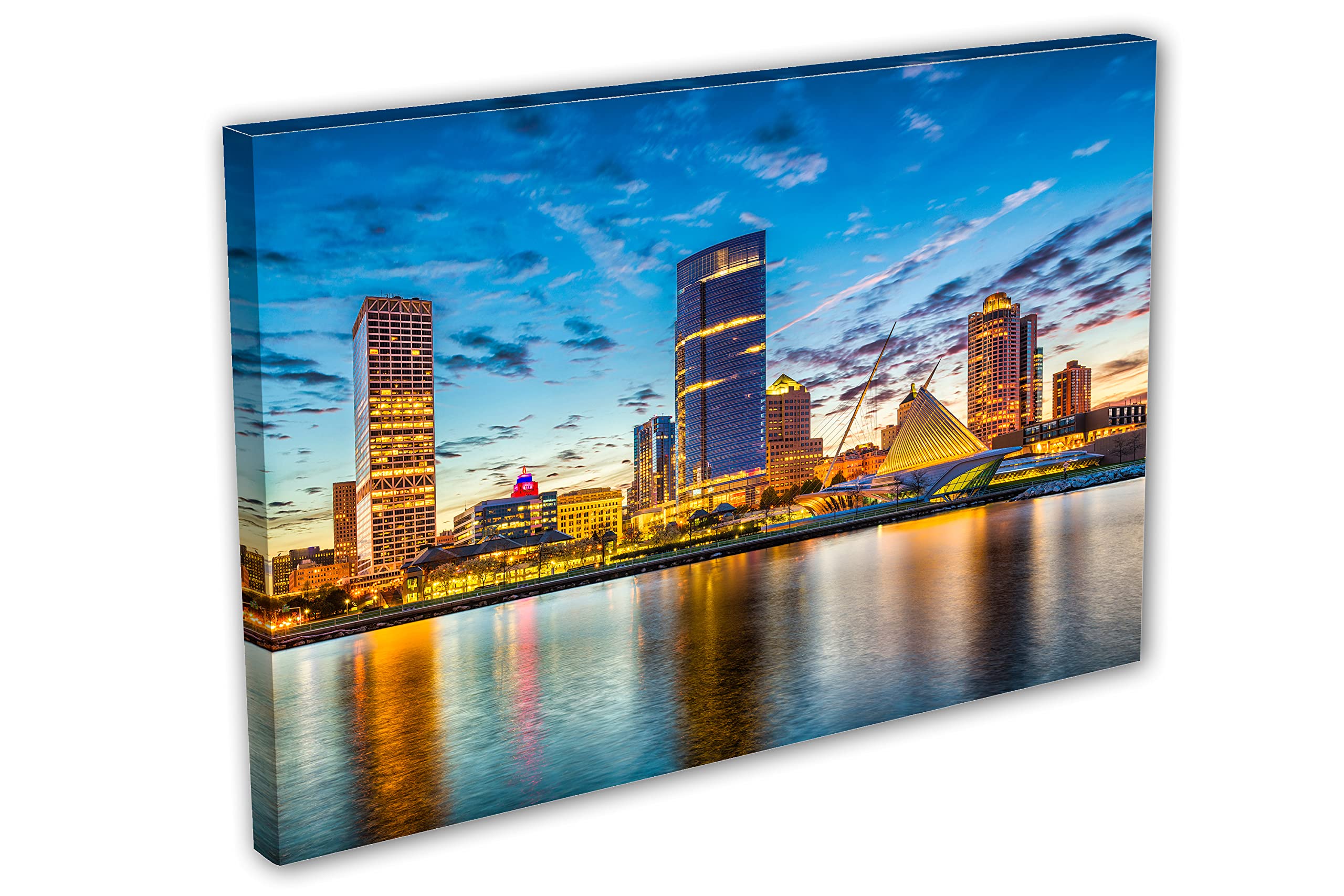 36 x 24 Milwaukee WI Skyline Canvas Print - Blue Skies Wall Art Decor for Home & Office | Wisconsin Landscape Painting for Living Room, Bedroom