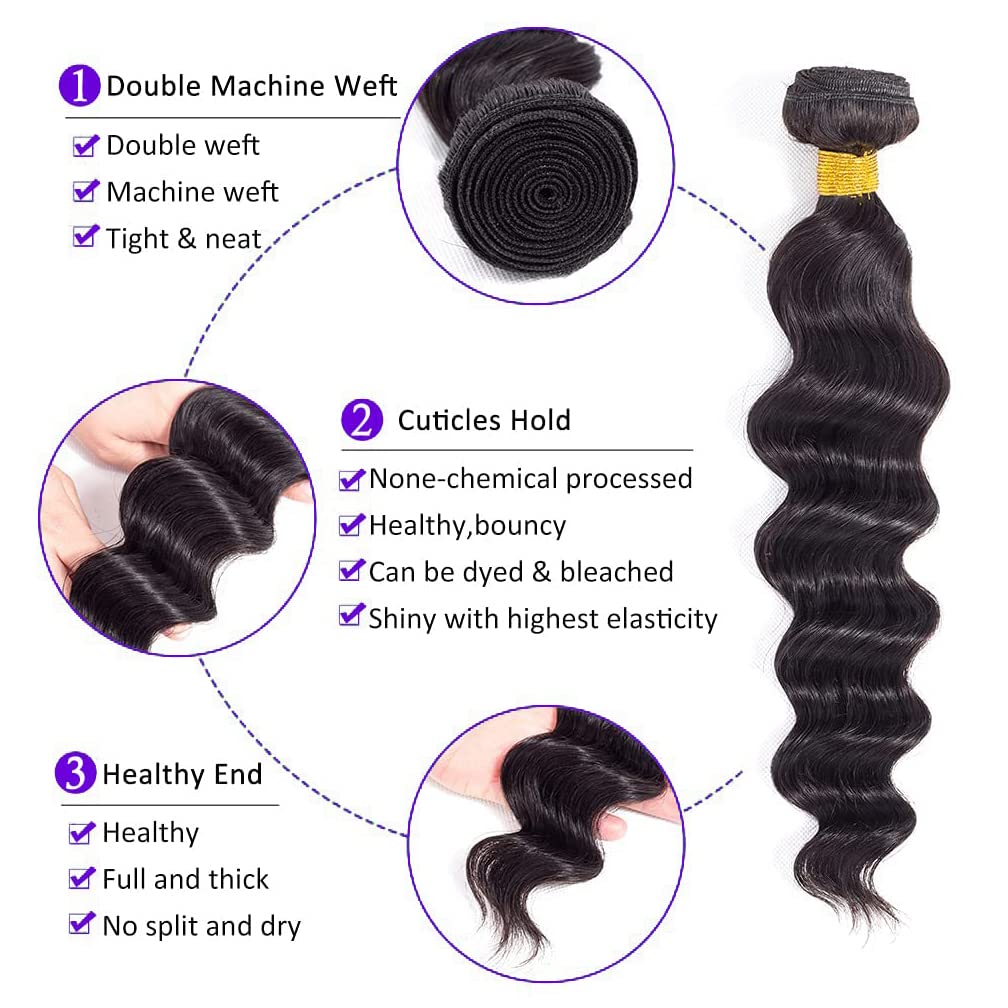 Brazilian Deep Wave Human Hair Bundles with 4x4 Lace Closure | 16 18 20 +14 Inch | Unprocessed Wet & Wavy Hair Extensions | Natural Black | Free Part | Perfect for Protective Styles, Weaves & Everyday Glam