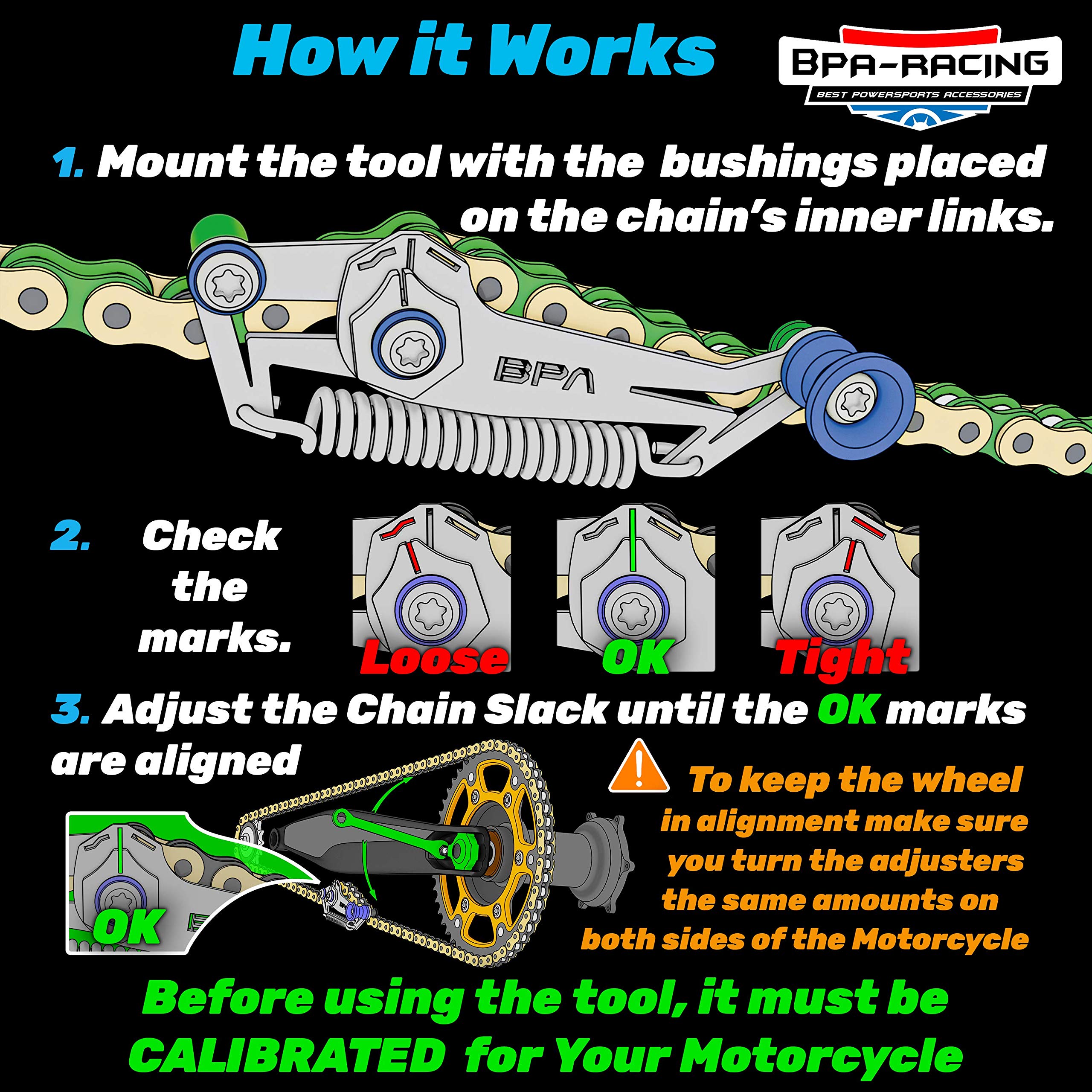 BPA-RACING Motorcycle Chain Slack Adjuster Tool - Quick & Precise Chain Tensioning Tool for Dirt Bikes, Cruisers & Sport Bikes - Red Chain Slack Setter for Easy DIY Maintenance & On-the-Go Adjustments