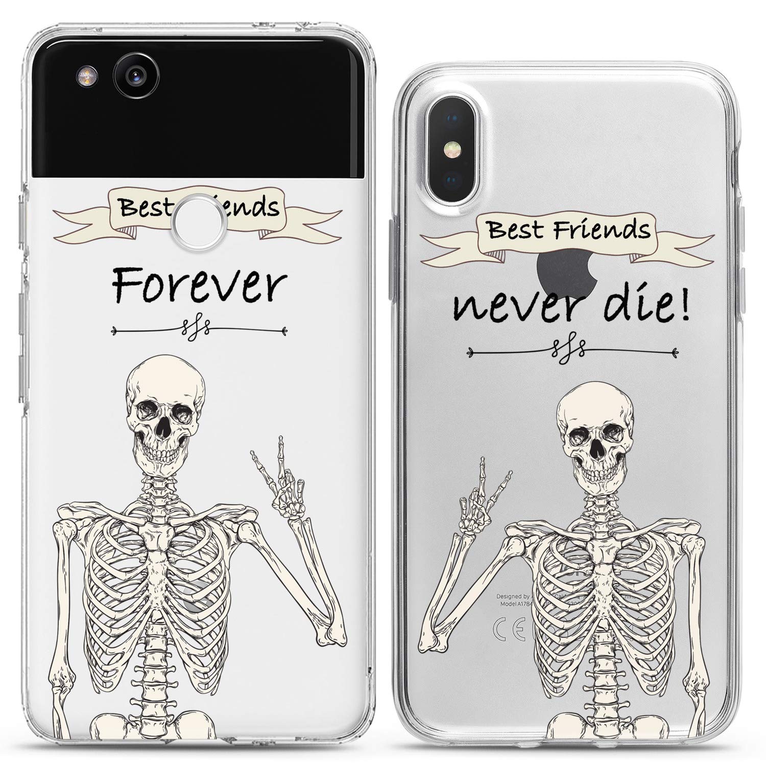 Matching Couple Phone Cases Compatible with iPhone 16/15/14/13/12/11 Pro Max/Mini/XS/X/6s/8 Plus/7+/XR/10/SE 5 - Funny Skeleton Best Friends Silicone Cover - Cute Boho Art Design for Women & Teens - Perfect for Couples, BFFs & Soulmates    **Usage Scenarios:** Great for Valentine's Day, anniversaries, birthdays, or everyday use to show your love and friendship with matching phone cases!