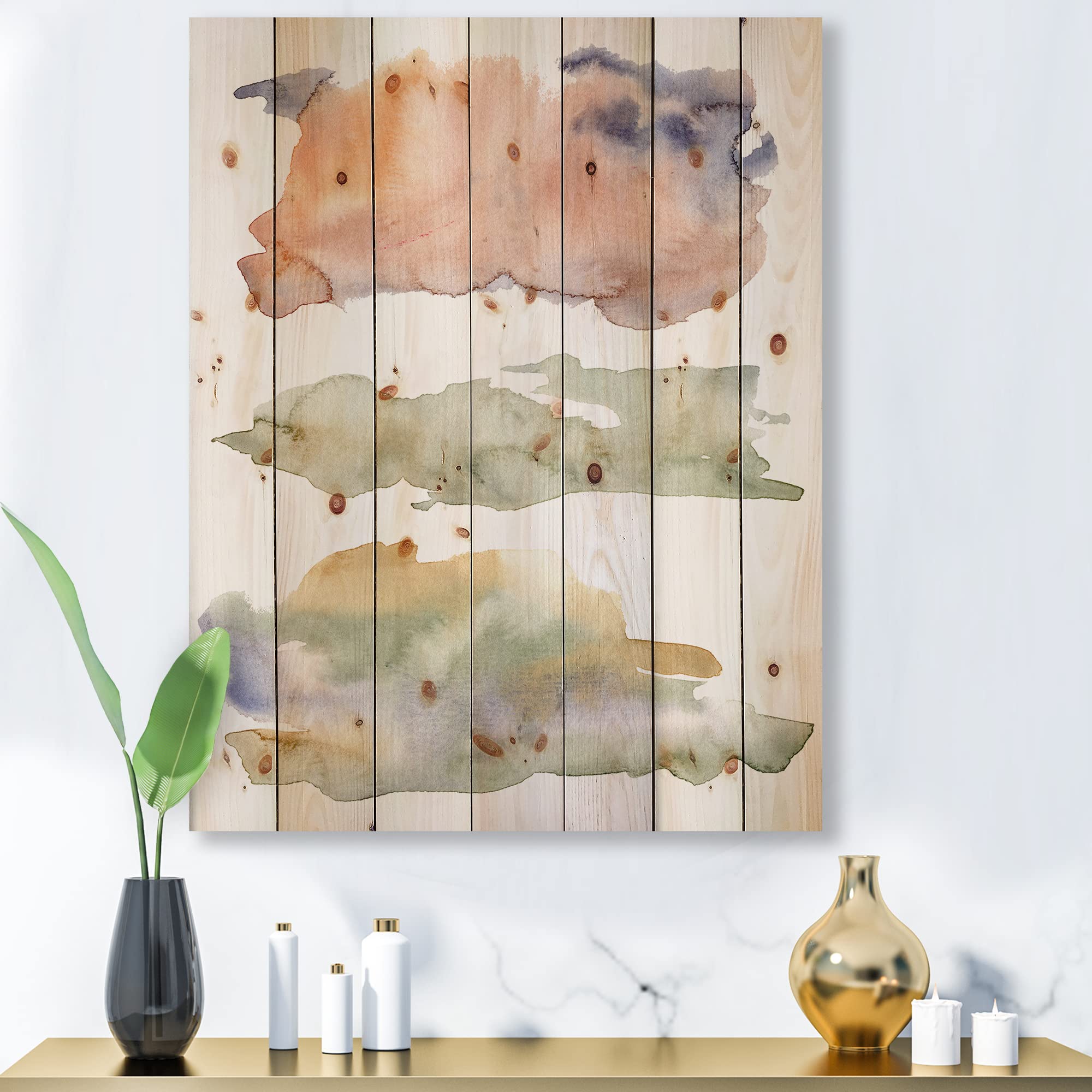 Abstract Wood Wall Art - Modern Orange Beige Blue Clouds Decor for Living Room