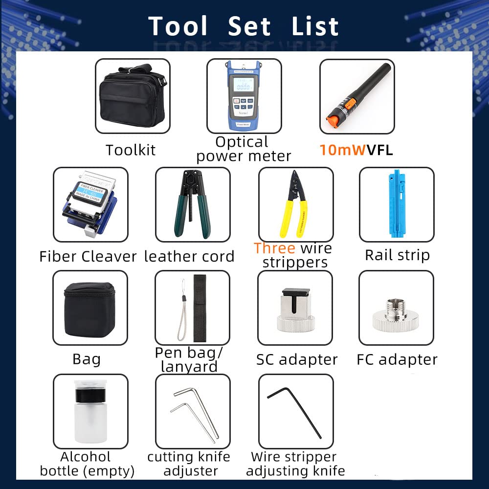 FTTH Fiber Optic Termination Tool Kit - Professional Fiber Optical Cable Cold Connection Kit with FC-6S Cleaver, 10mW Visual Fault Locator & Power Meter for CATV/FTTH Network Installation & Maintenance - Perfect for Telecom Engineers & Home Internet Setup
