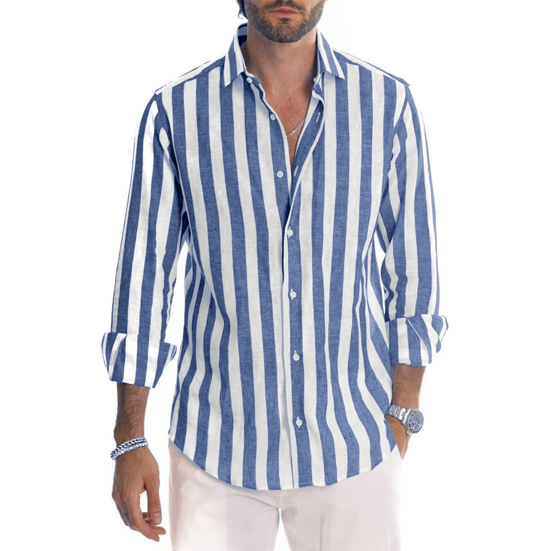 Men's Striped Cotton Long Sleeve Button Down Henley Shirts - Casual Beach Wear & Office Dress Shirts for Summer Outfits, Date Nights and Business Casual Occasions