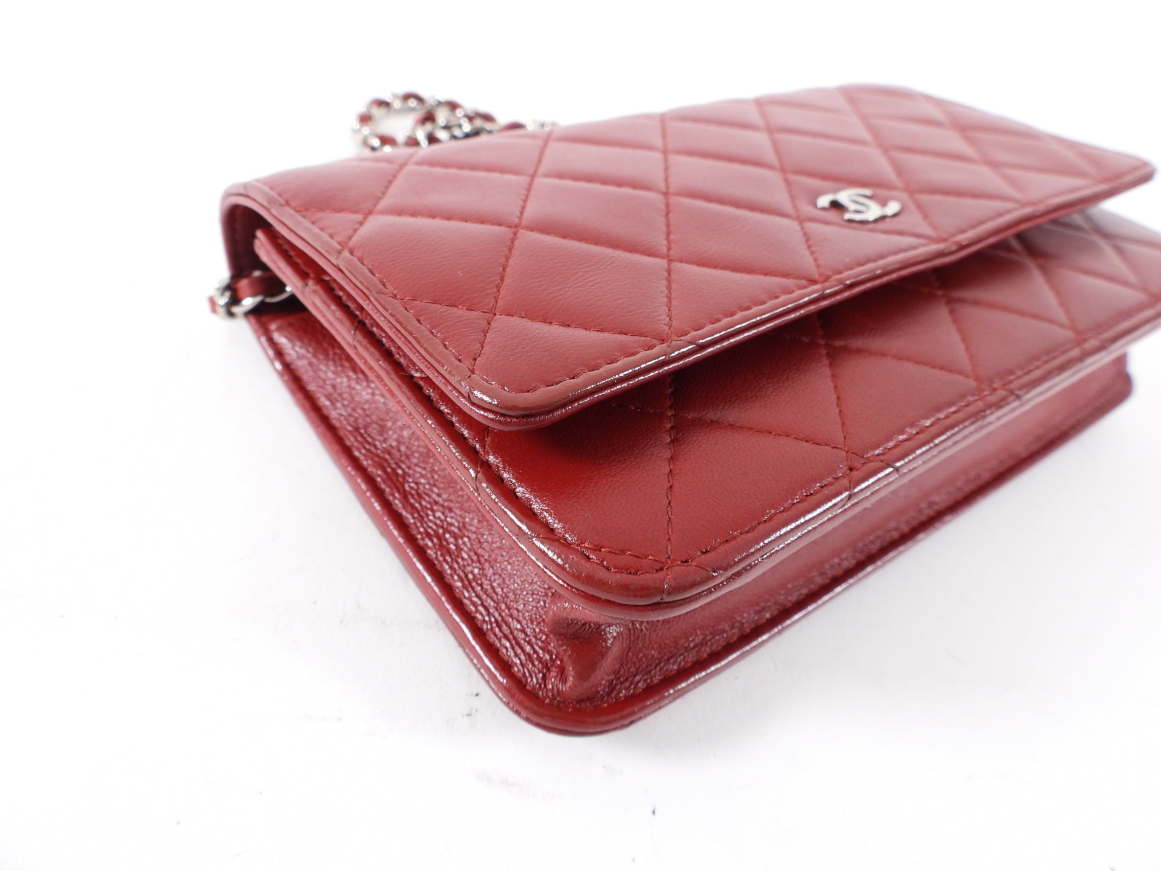 Chanel Dark Red Quilted Leather Classic Wallet on Chain with Silver Hardware - Elegant Crossbody Bag for Women, Perfect for Evening Parties & Date Nights