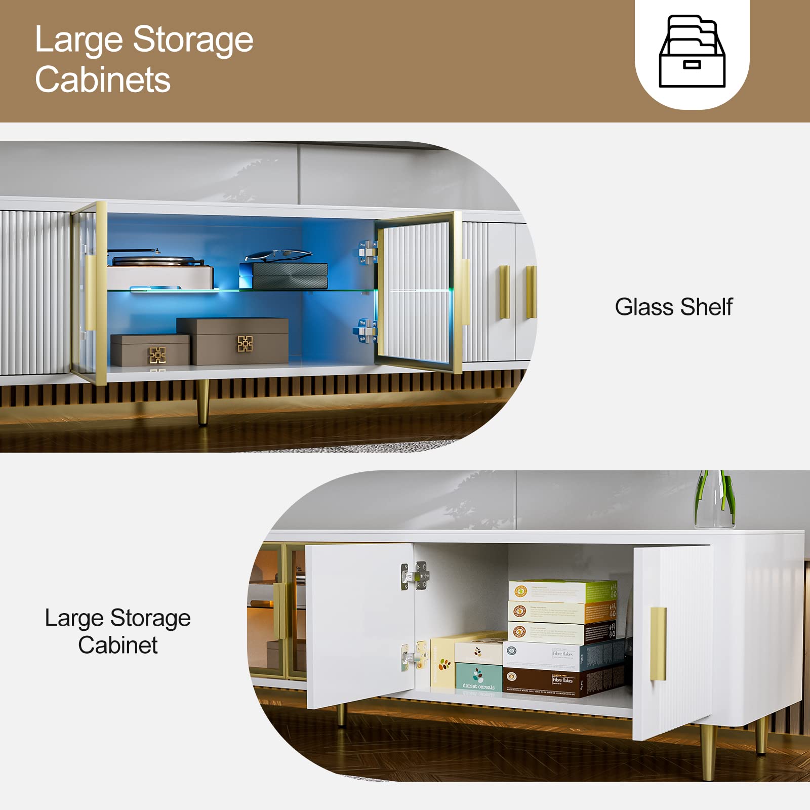 IKIFLY Modern TV Stand for 85+ Inch TVs - White LED Slate Entertainment Center with Glass Storage Cabinets & Adjustable LED Lights - Perfect for Living Room, Home Theater & Gaming Setup