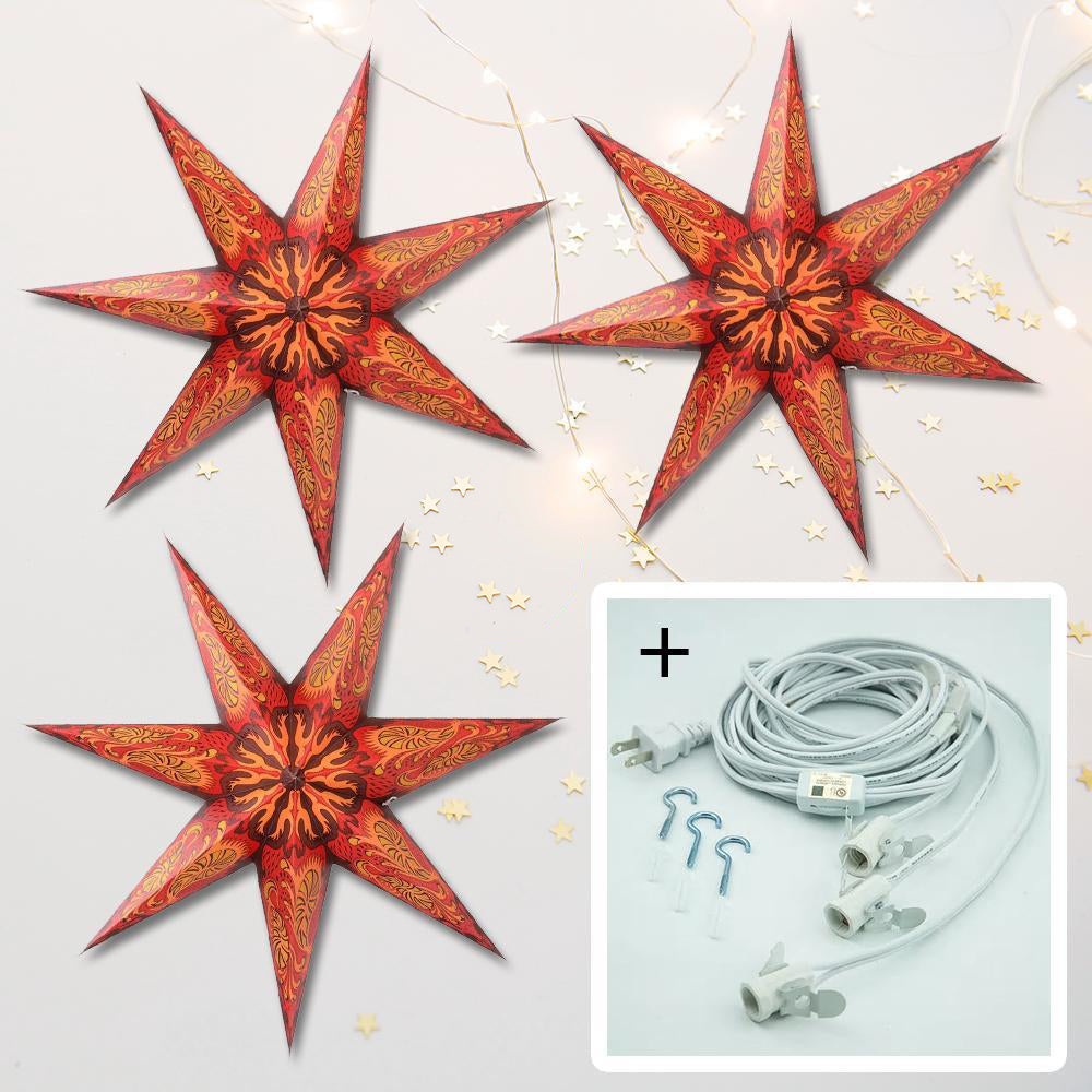 3-Pack 24/7 Point Crimson Fantasy LED Star Lantern with Bulbs & Cord - Perfect for Bedroom Decor, Party Lighting & Outdoor Garden Ambiance