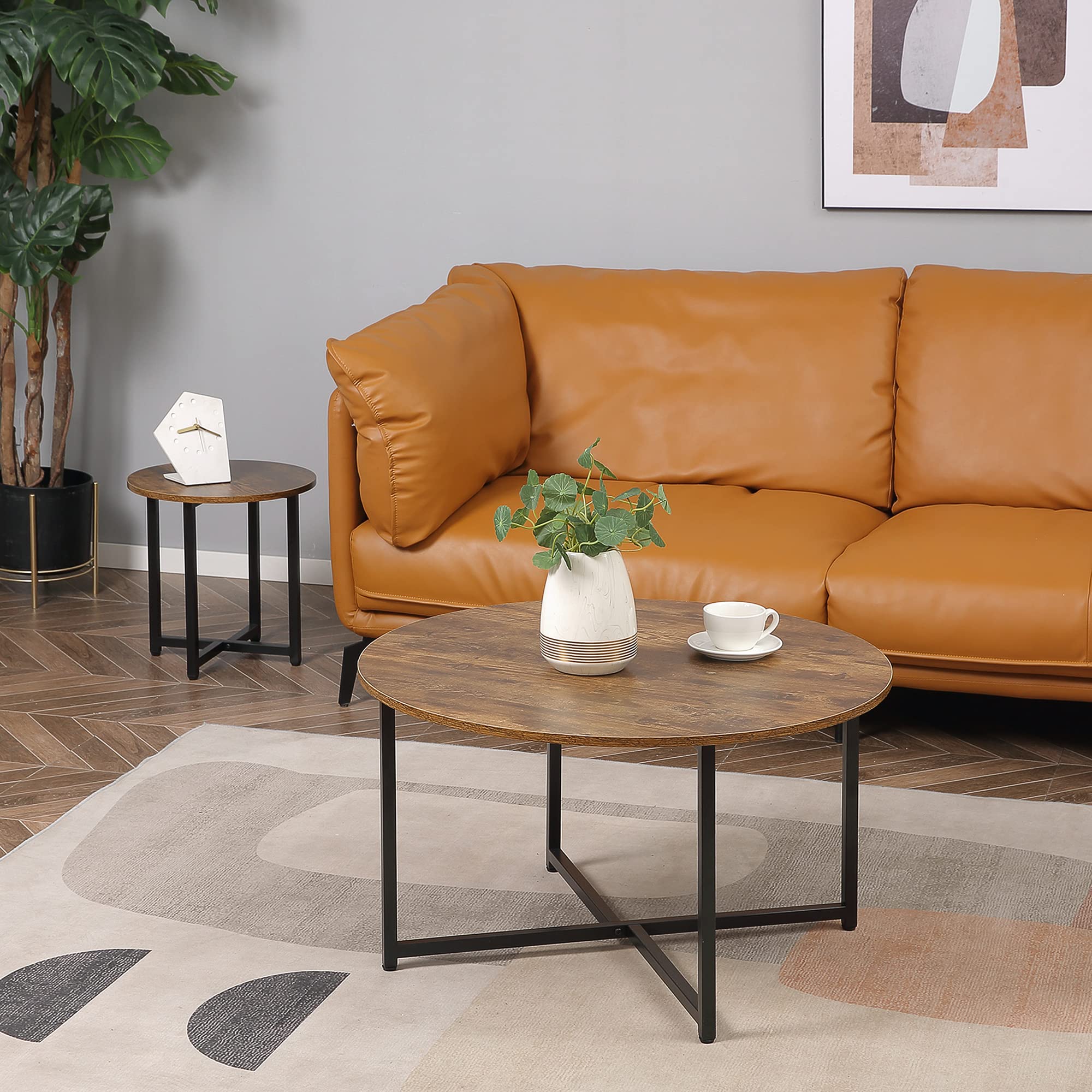 HOMCOM 2-Piece Round Coffee Table Set with Metal Frame - Industrial Style Living Room Tables, Rustic Brown Circle Coffee Tables for Home Decor & Small Space Furniture