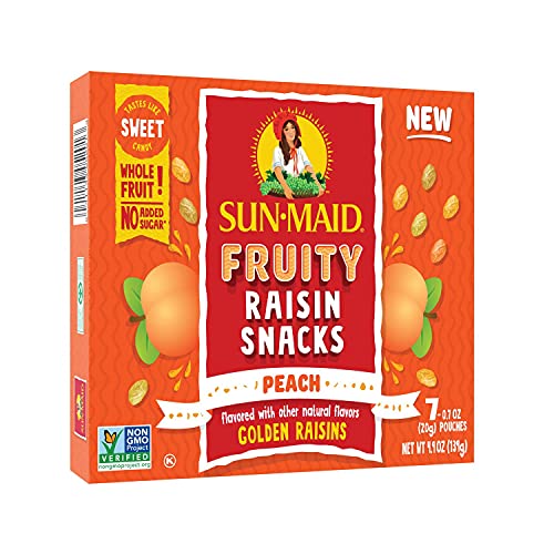 Sun-Maid Natural Peach Fruity Raisins Snacks - 0.7oz Box (Pack of 21) | No Sugar Added, Non-GMO Verified, Vegan | Healthy Dried Fruit for Kids Lunch Box, Office Snacks & On-the-Go Energy Boost