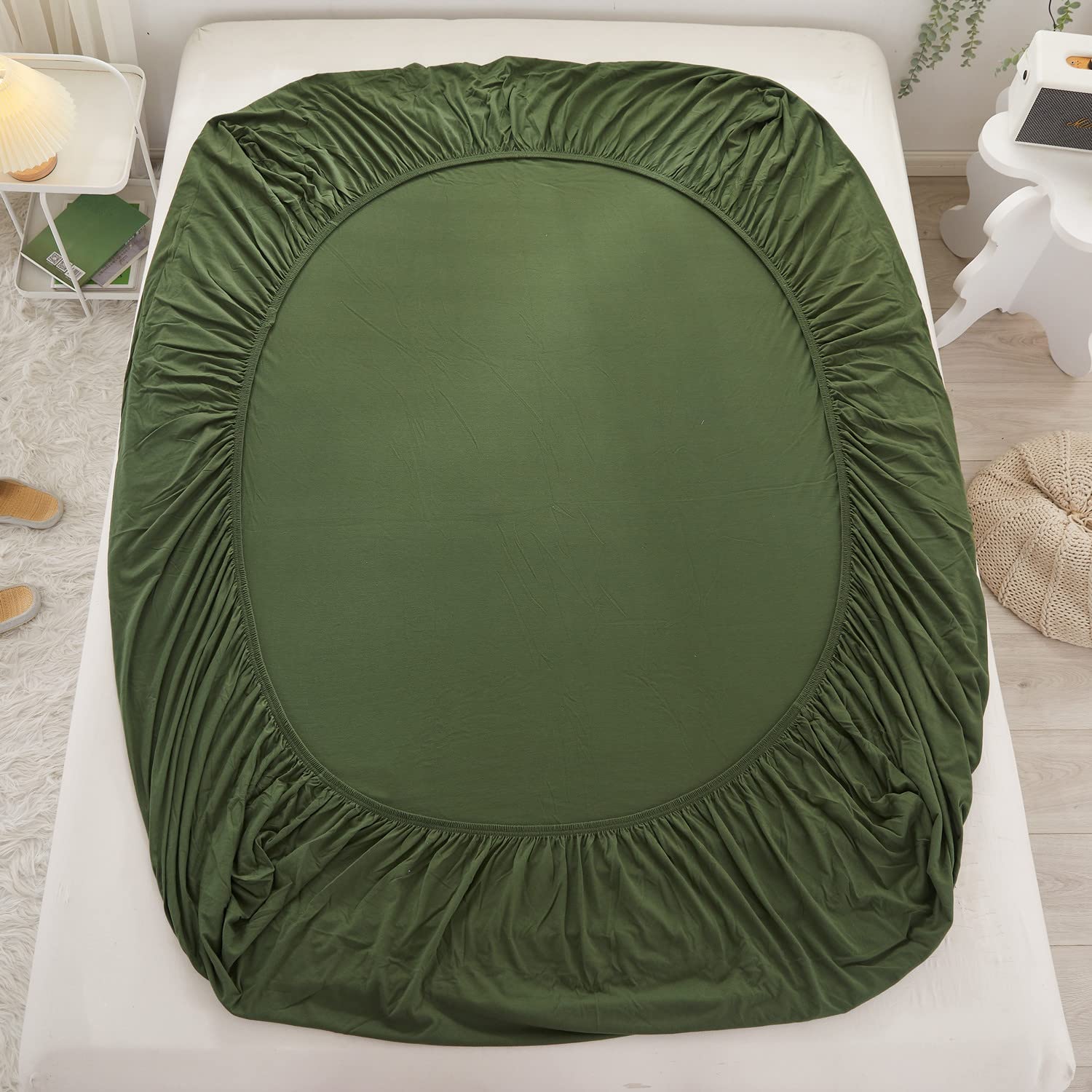 LIFETOWN 100% Jersey Knit Cotton Sheet Set - Ultra Soft Wrinkle-Free Deep Pocket Fitted Sheet with 2 Pillowcases (Queen Size, Olive Green) | Perfect for Cozy Bedroom, Guest Room & Dorm Comfort