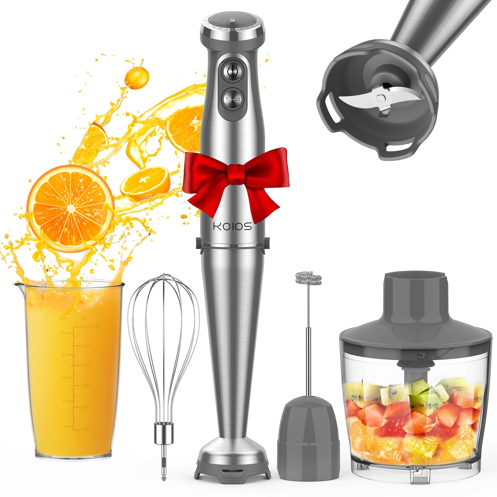 KOIOS 1000W 5-in-1 Immersion Hand Blender with Stainless Steel Blade - 12 Speed Settings & Turbo Mode - Includes 20oz Beaker, 17oz Chopping Bowl, Whisk & Milk Frother - BPA-Free - Perfect for Smoothies, Soups, Sauces & Baby Food