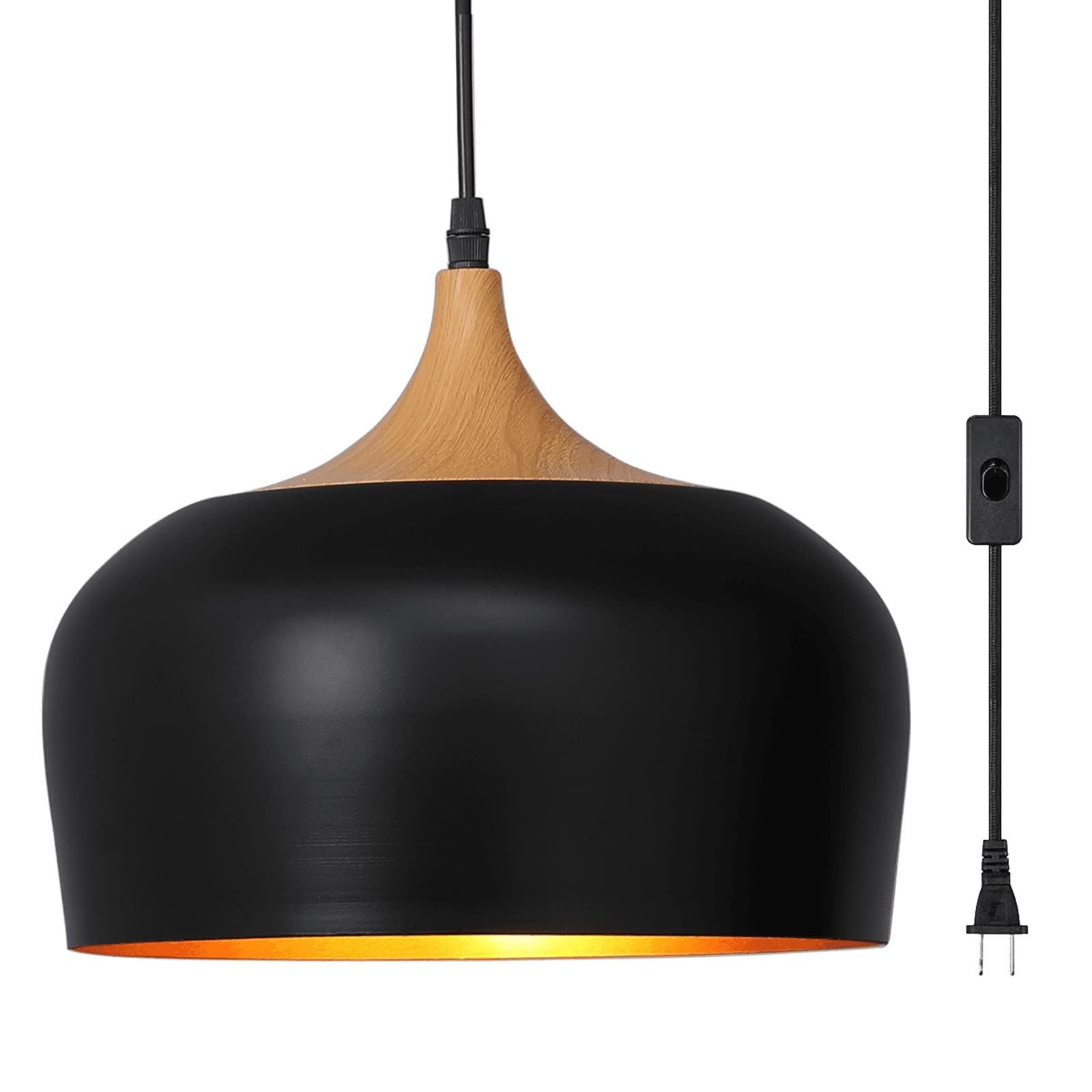 Modern Big Plug-in Pendant Light with 16.4ft Cord & On/Off Switch - Black Wood Grain Hanging Light Fixture for Kitchen Island, Dining Room, Table Lighting - Perfect for Farmhouse, Industrial & Contemporary Home Decor