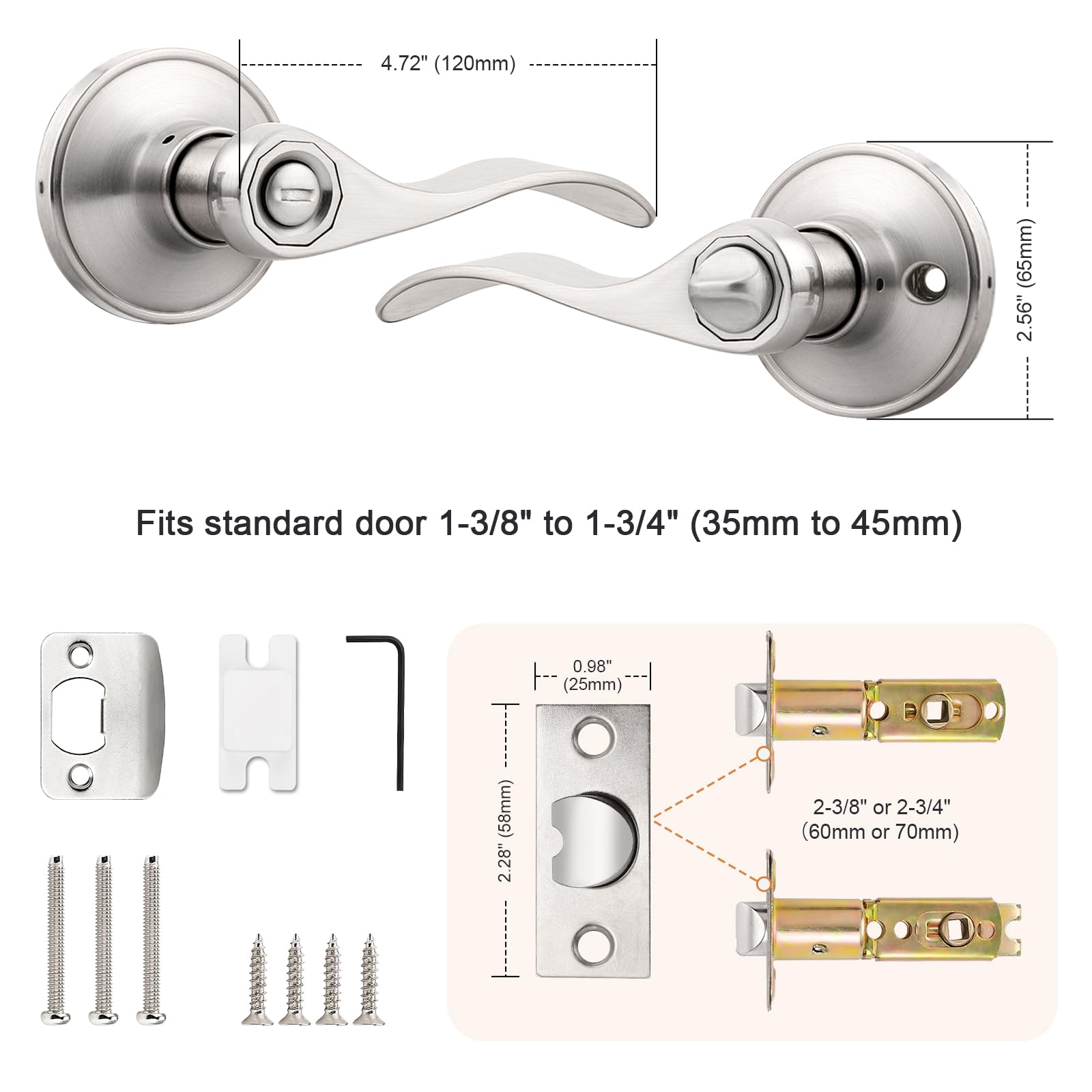 Probrico 10-Pack Satin Nickel Wave Style Privacy Door Levers - Bedroom & Bathroom Door Handles with Lock - Durable Interior Door Hardware for Homes, Hotels, and Offices