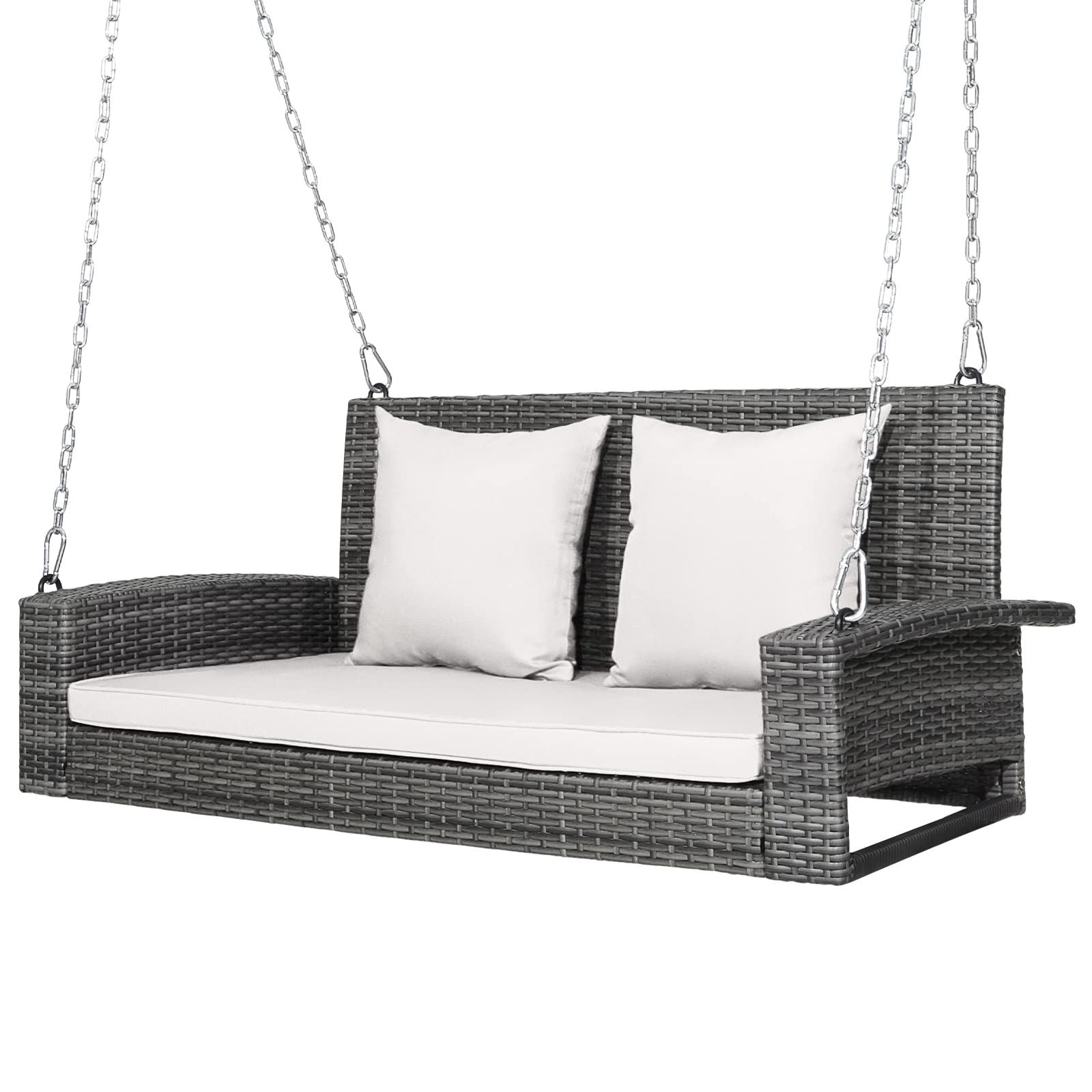 Tangkula 2-Person Wicker Hanging Porch Swing with Cushions - 800LB Capacity Outdoor Rattan Swing Chair with Rustproof Steel Chains - Perfect for Patio, Garden, Balcony & Backyard Relaxation