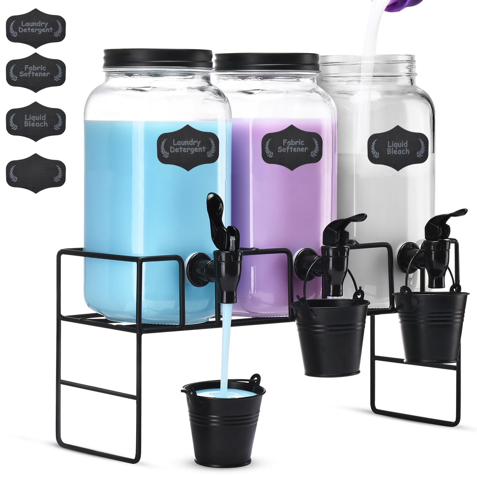 2.2L Glass Laundry Detergent Dispenser Set of 3 - Black Liquid Soap & Fabric Softener Containers for Organized Laundry Room | Perfect for Home, Apartment & Laundromat Use