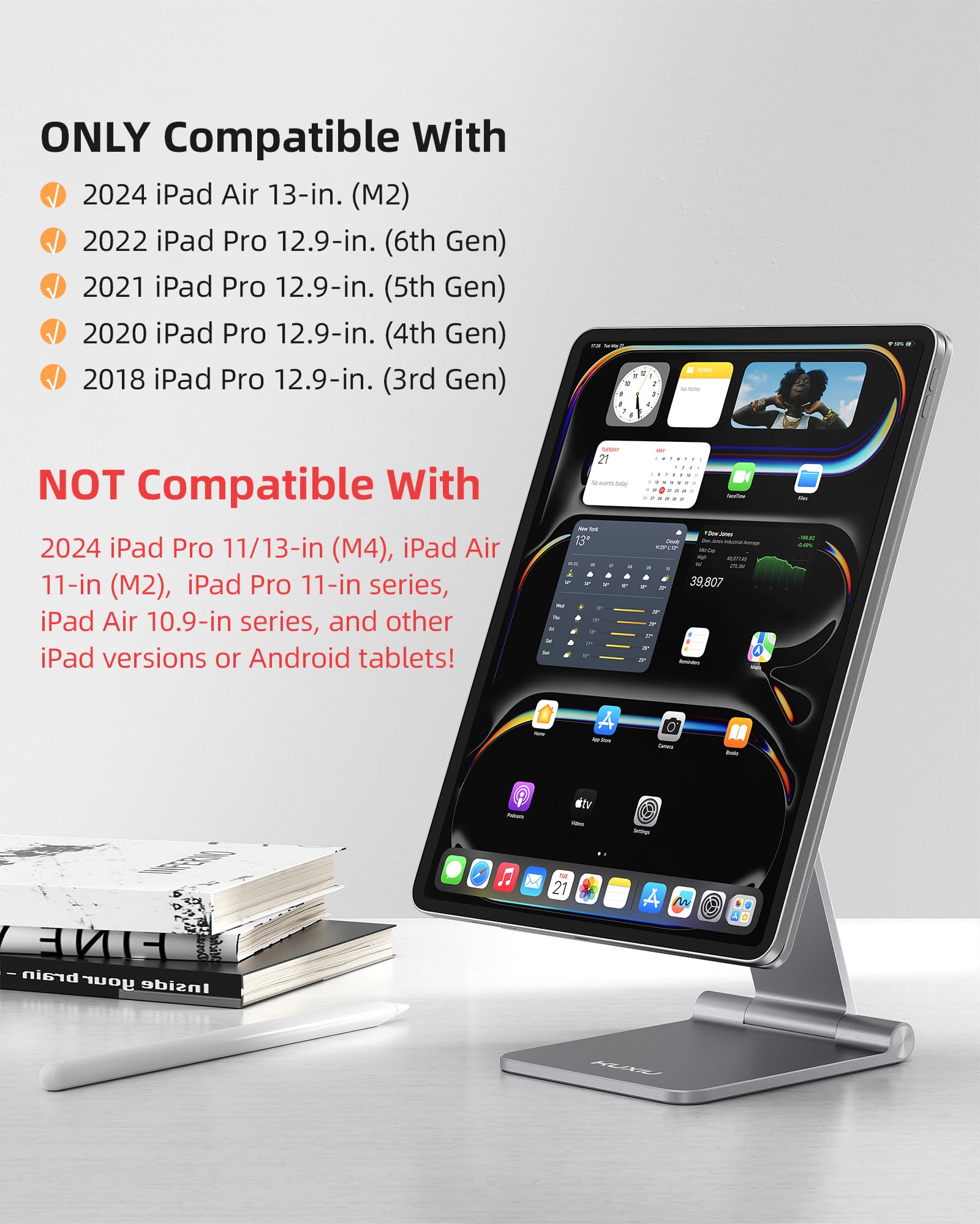 Magnetic Wireless Charging Stand for iPad Air 13 M2 & iPad Pro 12.9 (3rd/4th/5th/6th Gen) - Aluminum Alloy Foldable Tablet Holder with 1M USB-C Cable & 360° Adjustable Desk Stand - Perfect for Home Office, Bedside Charging & Watching Videos